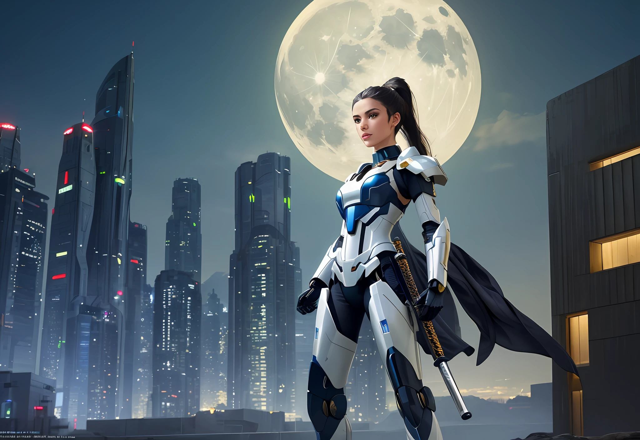 (masterpiece, best quality, finely detailed gorgeous eyes and detailed face, cinematic lighting, extremely detailed 8k CG unit wallpaper, depth of field), cyber future, solo, 1 woman, she is a mercenary, green eyes, white skin, black hair with ponytail, choker, small breasts, makeup, in a futuristic city, holding a katana with a strong grip, night, sky, moon, wearing mecha armor, mecha legs, mecha gloves, showing whole body (Long Angle Shot)