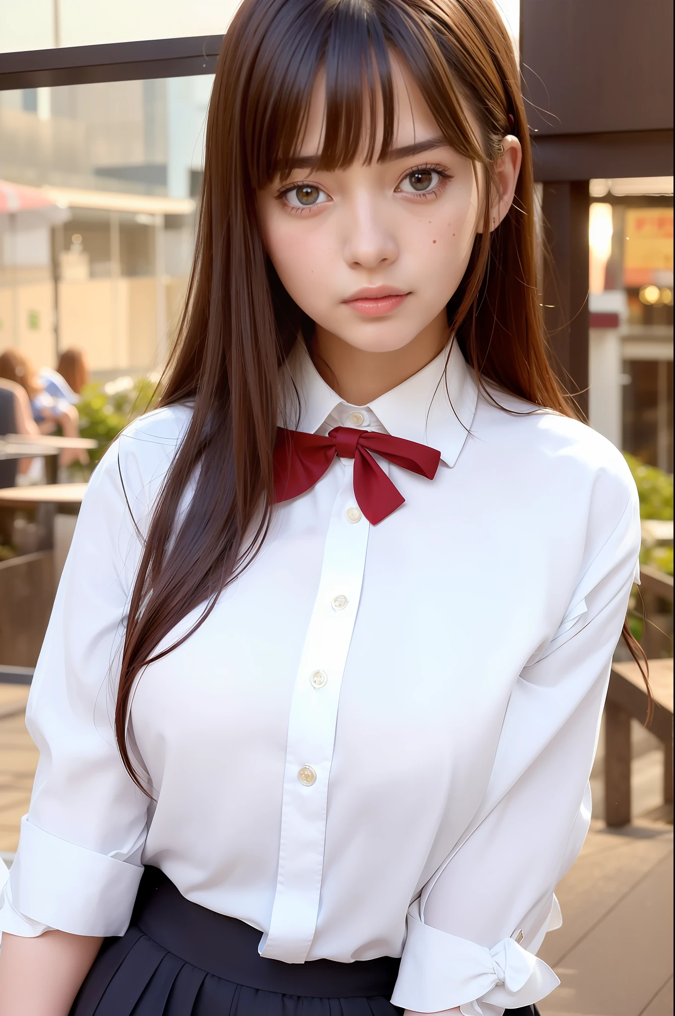 (RAW photo, best quality), (realistic, photo-realistic:1.2), 1girl, shopping mall rooftop cafe, outdoor, (high detailed skin:1.4), puffy eyes, gorgeous hair, air bangs, brown black hair, white opaque shirt with bow tie, pure red pleated skirt, soft lighting, high quality,