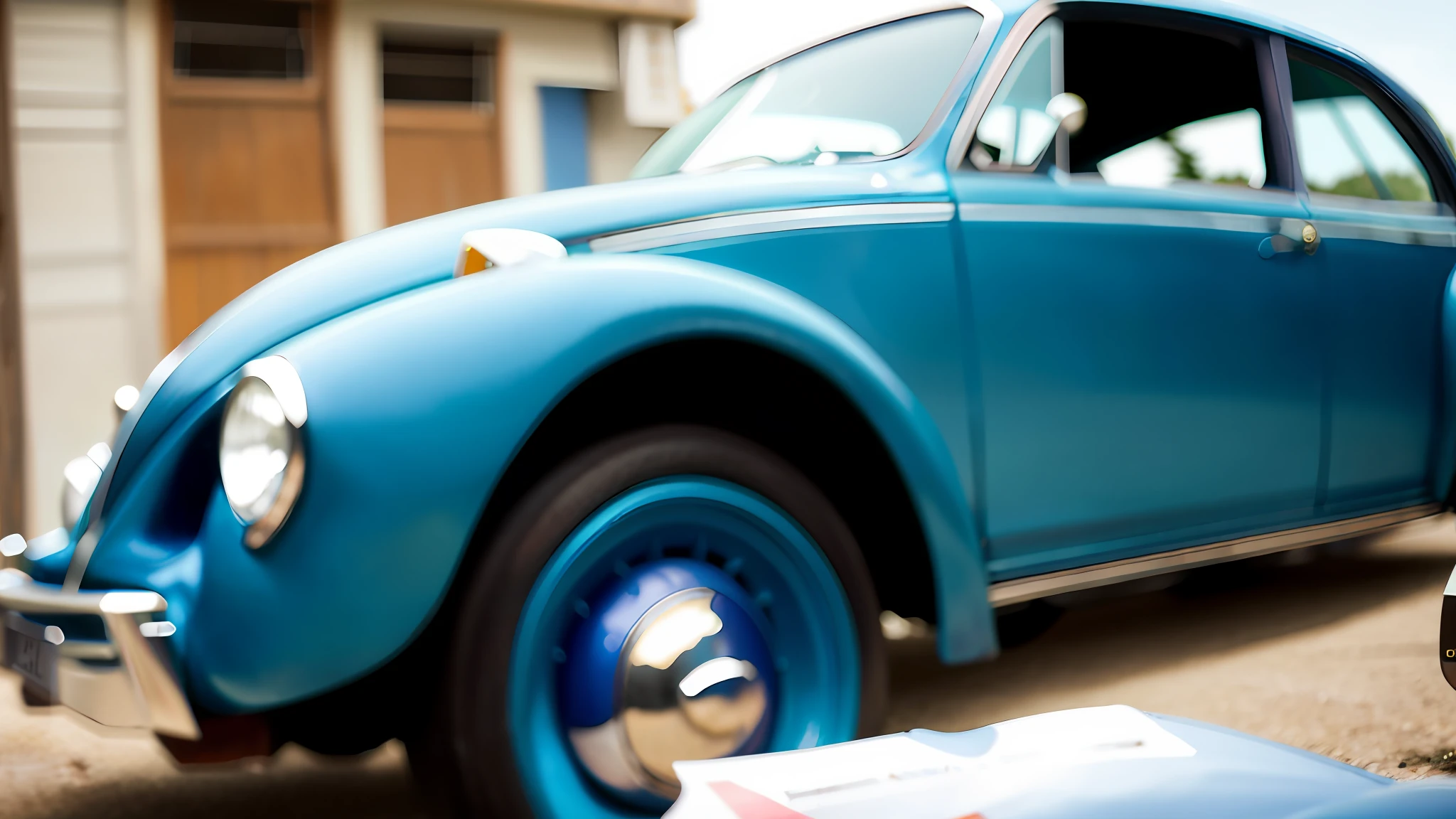 A blue Beetle in a garage, a beautiful detailed orisha, looking real and classic, 1961", 1970', from the 7 0 s, a beautiful, restored, a complete shot, vibrant and powerful, classic cars, color 1970
