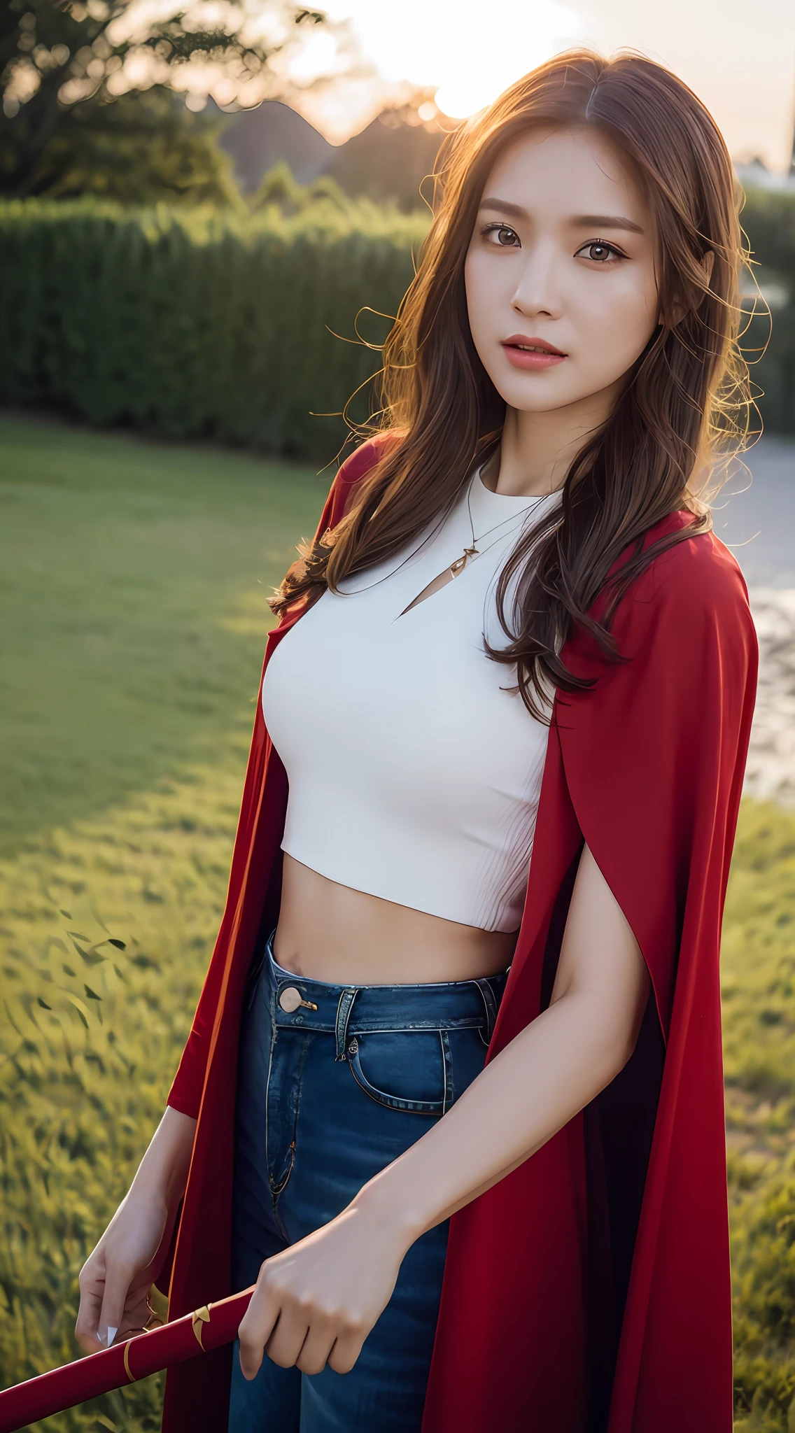 ((Realistic lighting, Best Quality, 8K, Masterpiece: 1.3)), Clear focus: 1.2, 1girl, Perfect Beauty: 1.4, Slim Abs: 1.1, ((Dark brown hair)), (White crop top: 1.4), Ultra-fine face, fine eyes, double eyelids, no grass, magic wand in left hand, magic staff in right hand, red cape, rushing forward, with dragon, red background, dreamlike scene, red, with sunset,