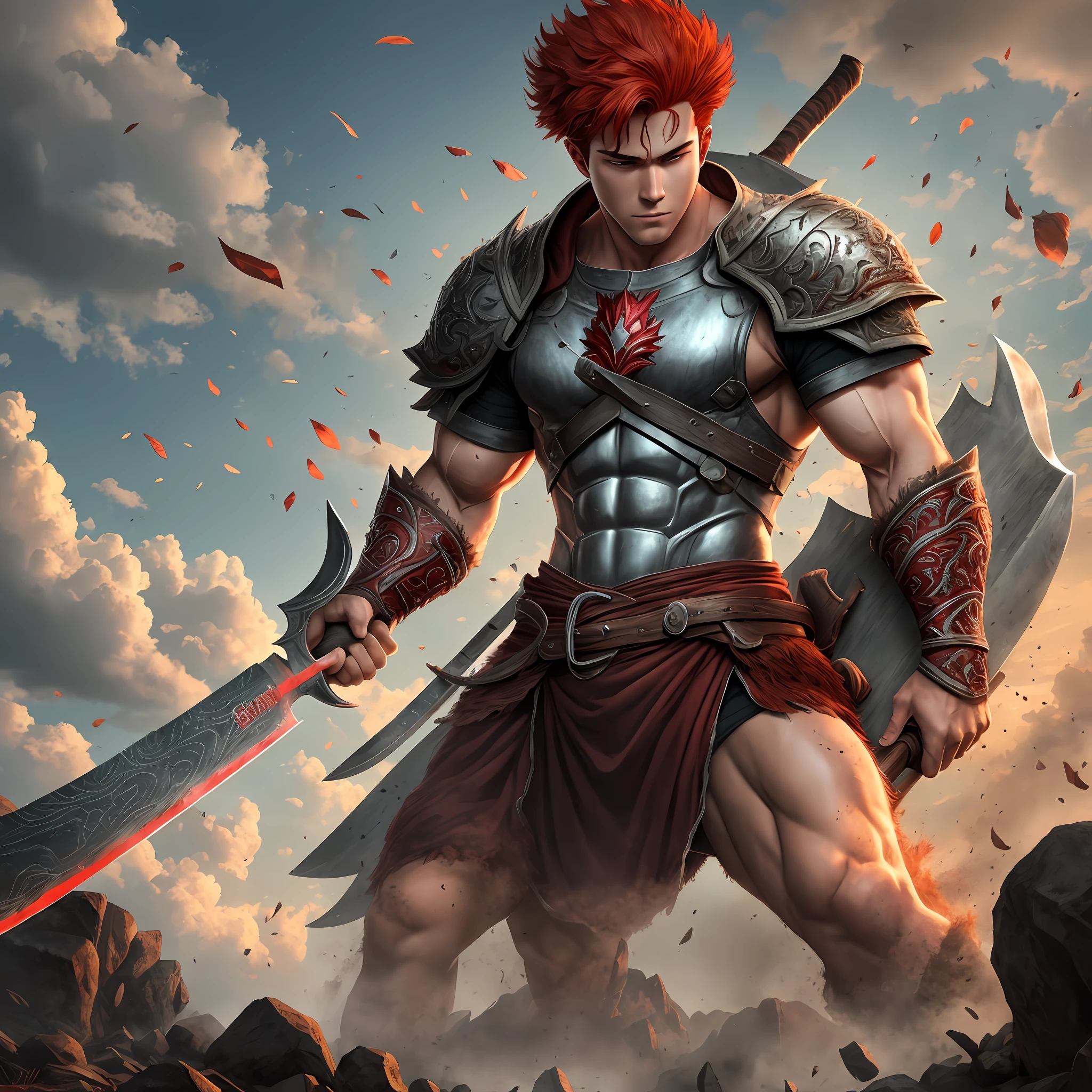 Draw a young man on the hill with big axe on his back, berserk reference, big red hair, art details, 8k, masterpiece, art station, masculinity, muscular --auto --s2