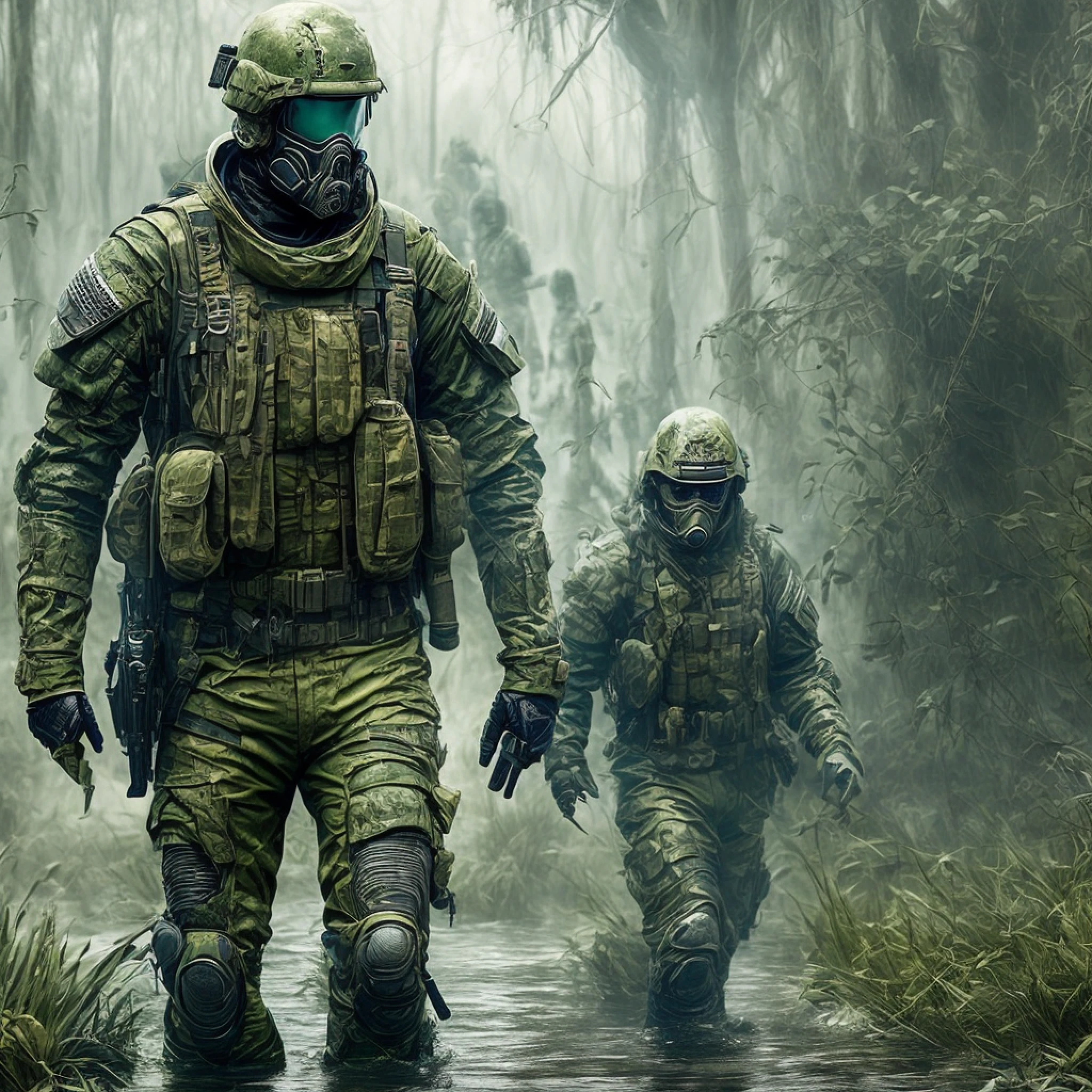 War in a swamp, soldiers in futuristic clothing against zombies, fog --auto --s2