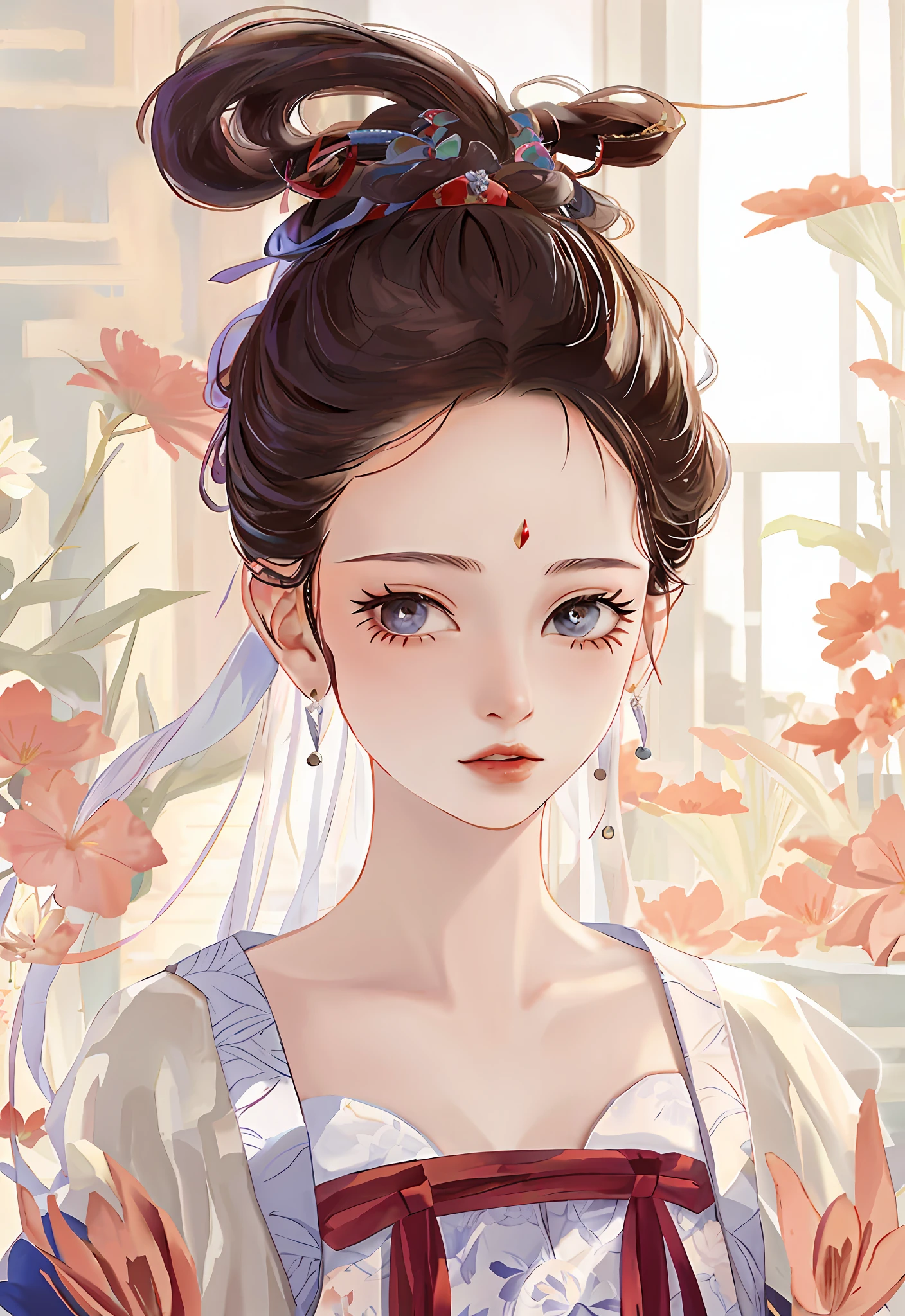A woman with flowers in her hair, front, half-body, ancient Chinese beauty sitting on stone, wearing ancient Chinese clothing, flowing tulle, light silk, lazy pose, large lotus leaves, lotus flowers, ink painting style, clean colors, decisive cut, landscape background, freehand, masterpiece, super detailed, epic composition, high quality, highest quality, 4k --v 6