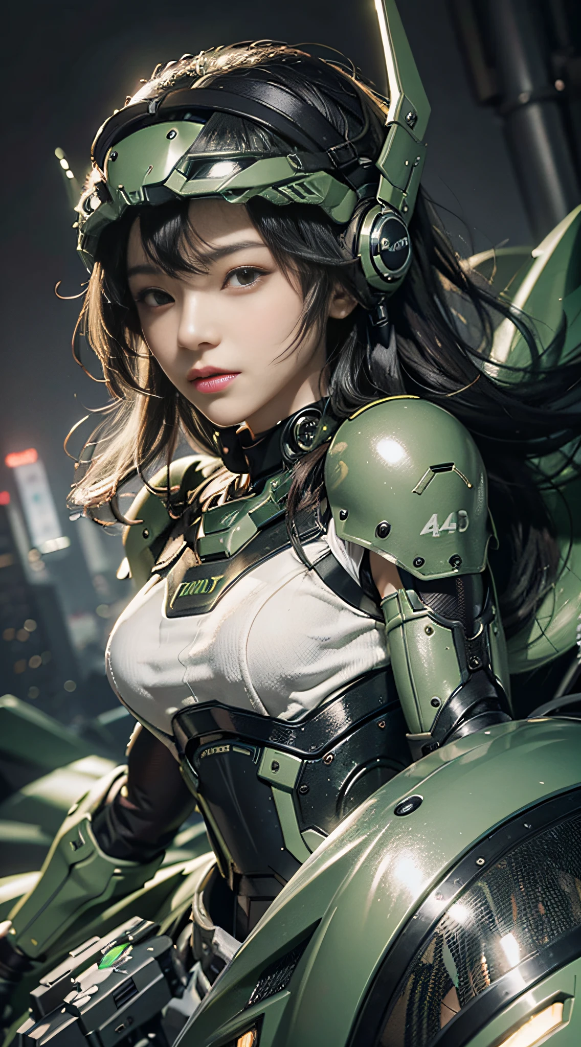 Highest image quality, outstanding details, ultra-high resolution, (realism: 1.4), the best illustration, favor details, highly condensed 1girl, with a delicate and beautiful face, dressed in a black and green mecha, wearing a mecha helmet, holding a directional controller, riding on a motorcycle, the background is a high-tech lighting scene of the future city.