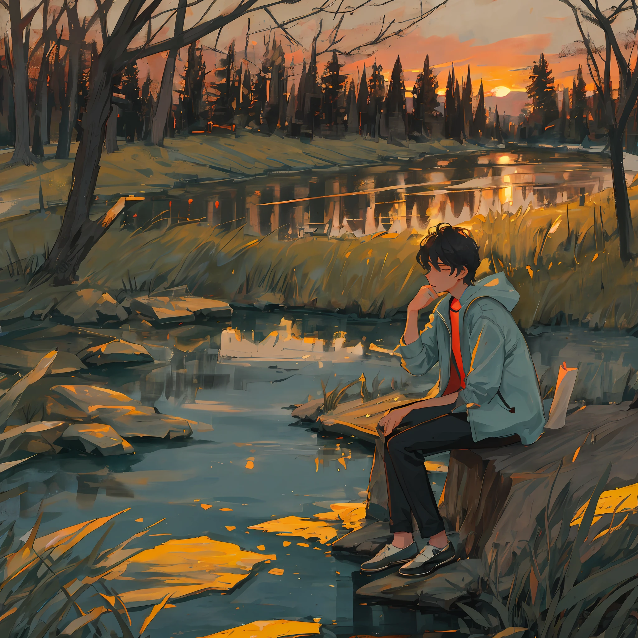 A young boy sits smoking a cigarette somewhere by the river in the woods at dusk.
