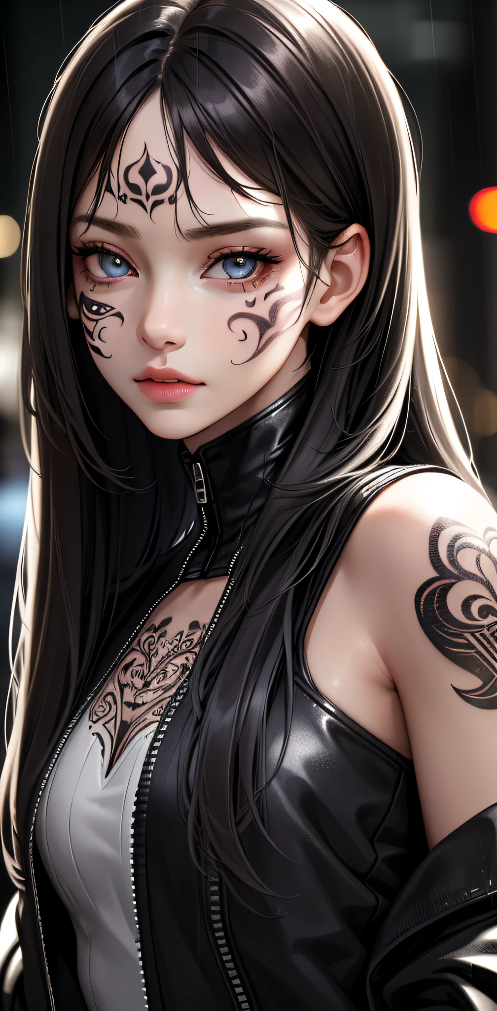 (photorealistic:1.3), masterpiece, best quality, (intricate details:1.2), (scenery:1.3), solo, face focus, (close up:0.8), ultra high res, right anatomy, detailed skin, beautiful face,
1 girl, girl in patterned jacket, detailed eyes with complicated pupils, (look at veiwer:1.3), (face tattoo:1.2), tattoo,
rainy cyberpunk street,
(ink wash), chaos,
(HyperStylizeV6:0.2),