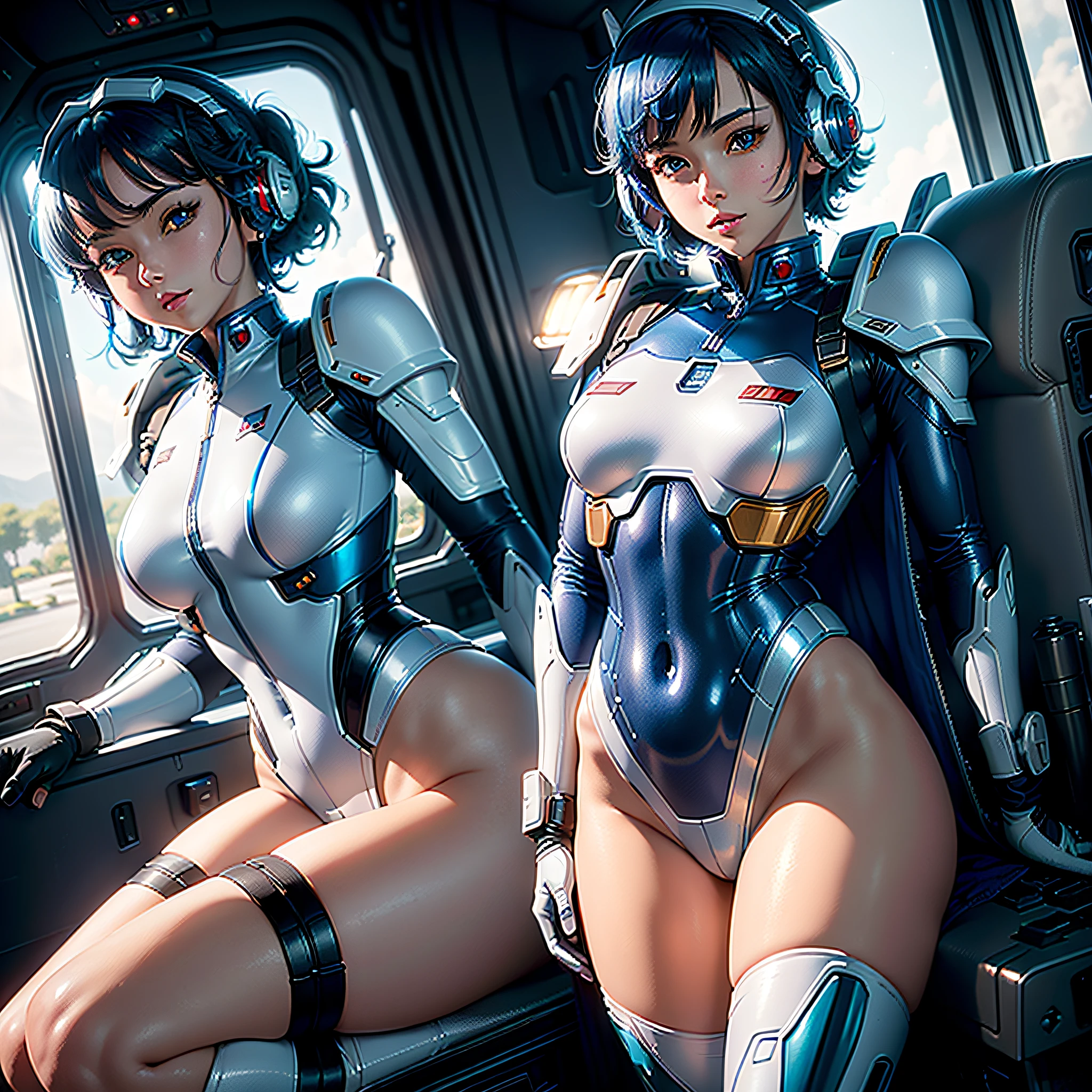 (Masterpiece, Best Quality, Best Resolution, distinct_image, Very Elaborate CG, Cinematic Lighting, Ray Tracing, Drop Shadows, Detailed Detail, (Photorealistic: 1.4), High Quality Textures, Fine-grained, Realistic Face Expression): (Single Girl, Face Japan Person, Blue Haired Girl, Short Cut, Lying, Small Size Breasts, Detailed Gundam cockpit with sparkly blue colored eyes, eye-level shots, metallic white and blue colored flight suits, tight-fitting clothes, full-body covering clothes, light smile, beauty, slim body, exoskeleton, heroine, headset, knee boots, gloves, solo ride)