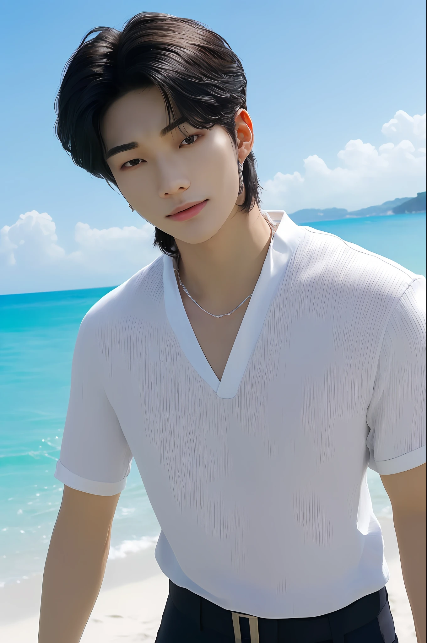 Hyunstayv2, frontal, cintilante, lábios partidos, (cabelos loiros:1.2), (ultra realista:1.2), (shoulders and chest: 1.2), (foto em close:1.1), (intrincado:1.2), (beach background:1.2), (olhando para o espectador:1.2), (a perfectly detailed and similar composition of Hwang Hyunjin's face)