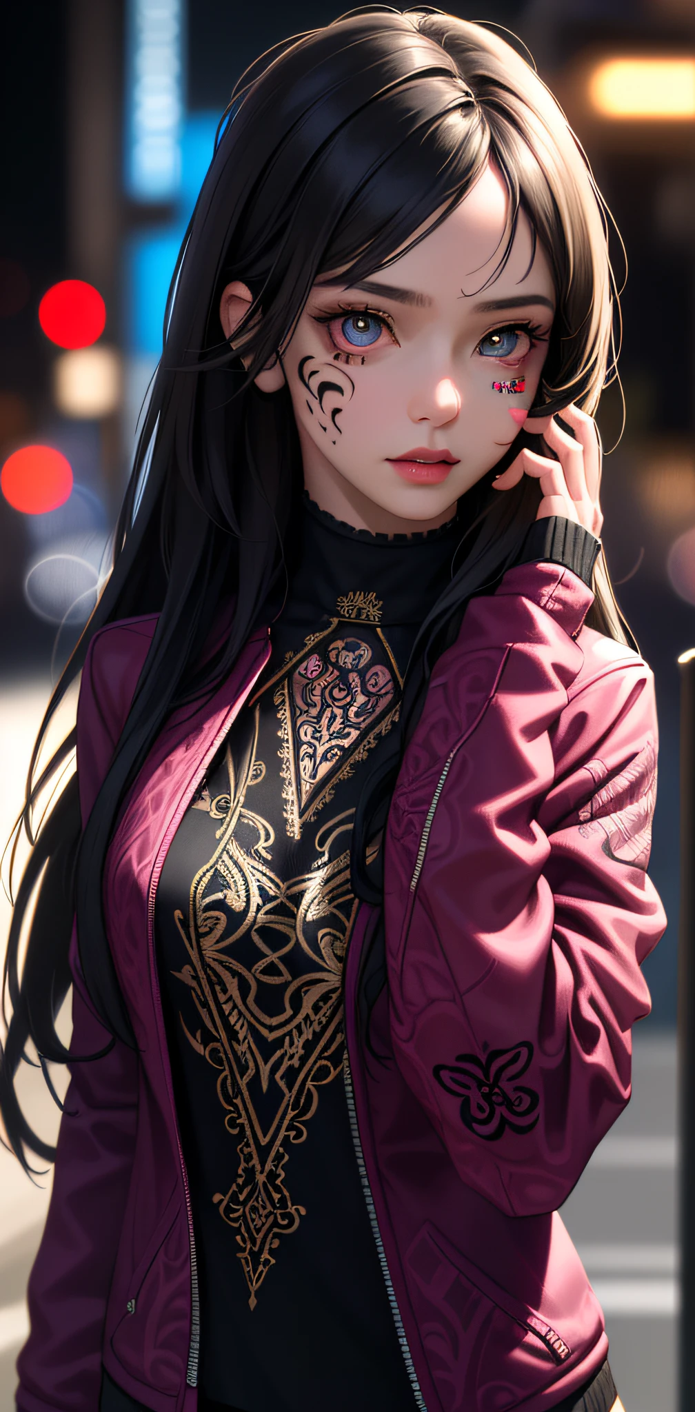 (photorealistic:1.3), masterpiece, best quality, (intricate details:1.2), (scenery:1.3), solo, face focus, (close up:0.8), ultra high res, right anatomy, detailed skin, beautiful face,
1 girl, girl in patterned jacket, detailed eyes with complicated pupils, (look at veiwer:1.3), (face tattoo:1.2), tattoo,
rainy cyberpunk street,
(ink wash), chaos,
(HyperStylizeV6:0.2),