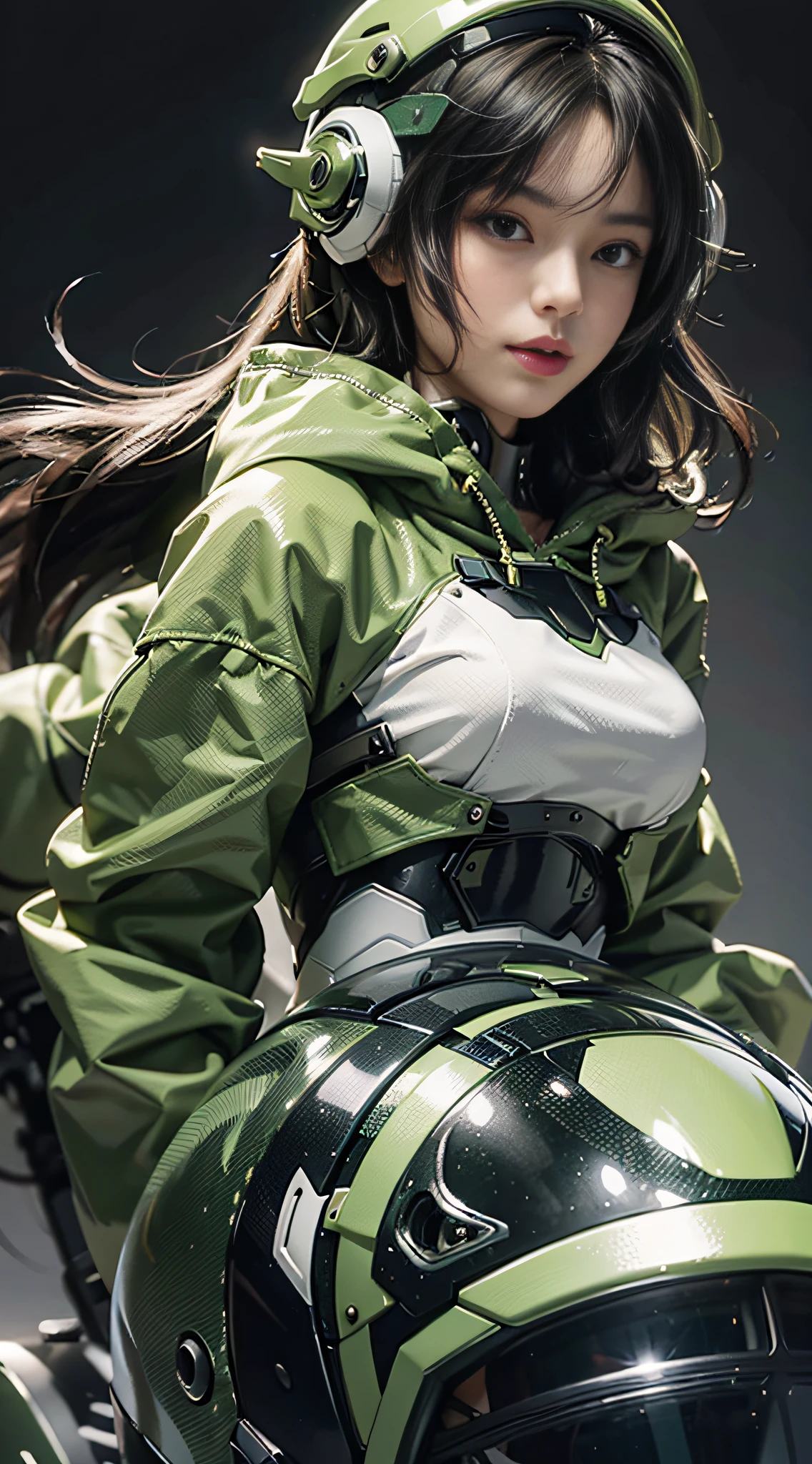 Highest image quality, outstanding details, ultra-high resolution, (realism: 1.4), the best illustration, favor details, highly condensed 1girl, with a delicate and beautiful face, dressed in a black and green mecha, wearing a mecha helmet, holding a directional controller, riding on a motorcycle, the background is a high-tech lighting scene of the future city.