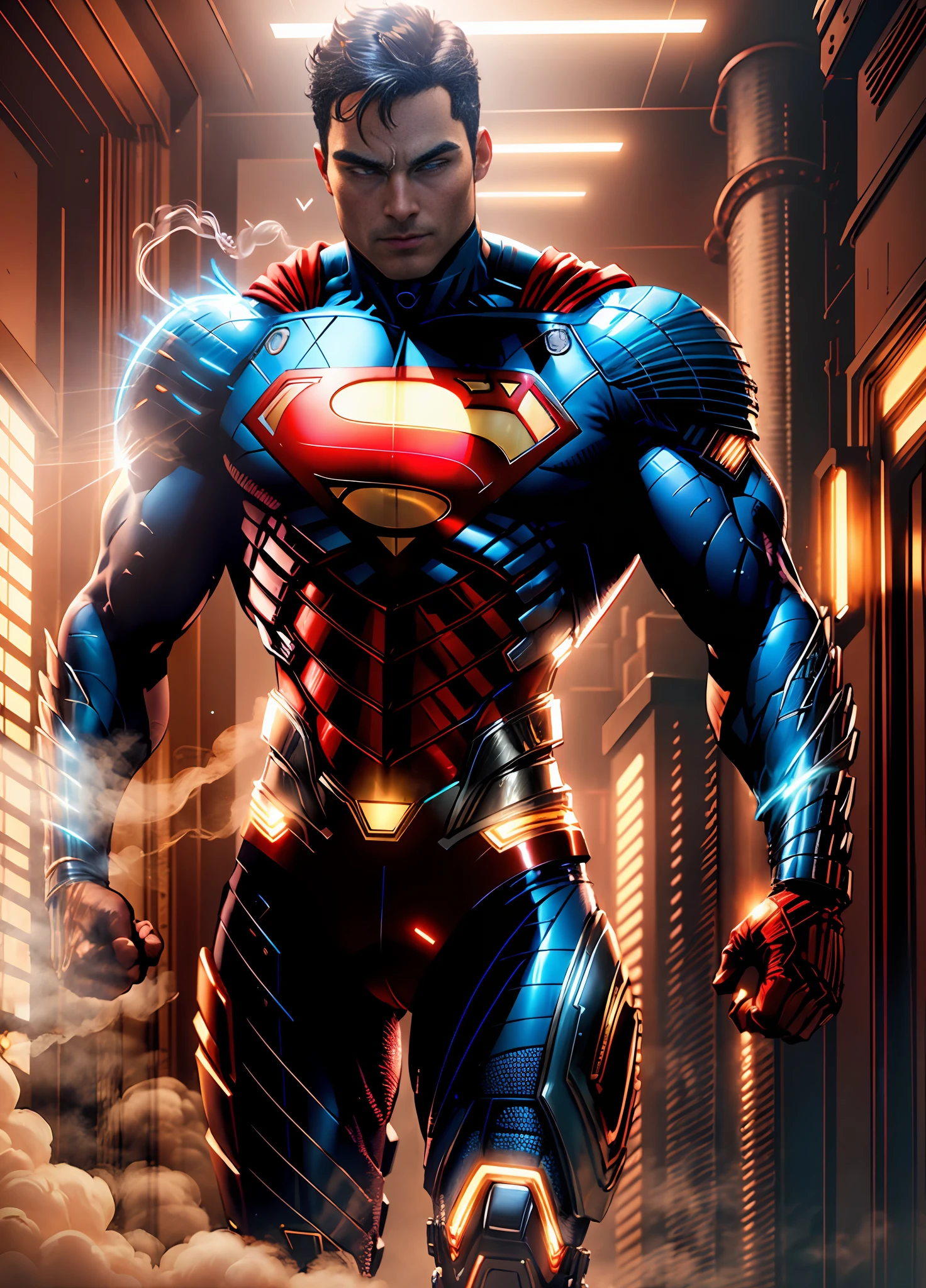 (extremely detailed CG unity 8k wallpaper, masterpiece, best quality, ultra-detailed), (best illumination, best shadow, an extremely delicate and beautiful), floating,

[(((1man))), (Cyborg:1.2+Superman:1.3), red eyes, metallic muscles, glowing blue lines, detailed metallic armor, heroic pose):0.8],

[(futuristic cityscape, night time, glowing neon lights:1.2, smoke, sparks, metal shavings, flying debris, blue energy effects, Volumetric light):0.5]