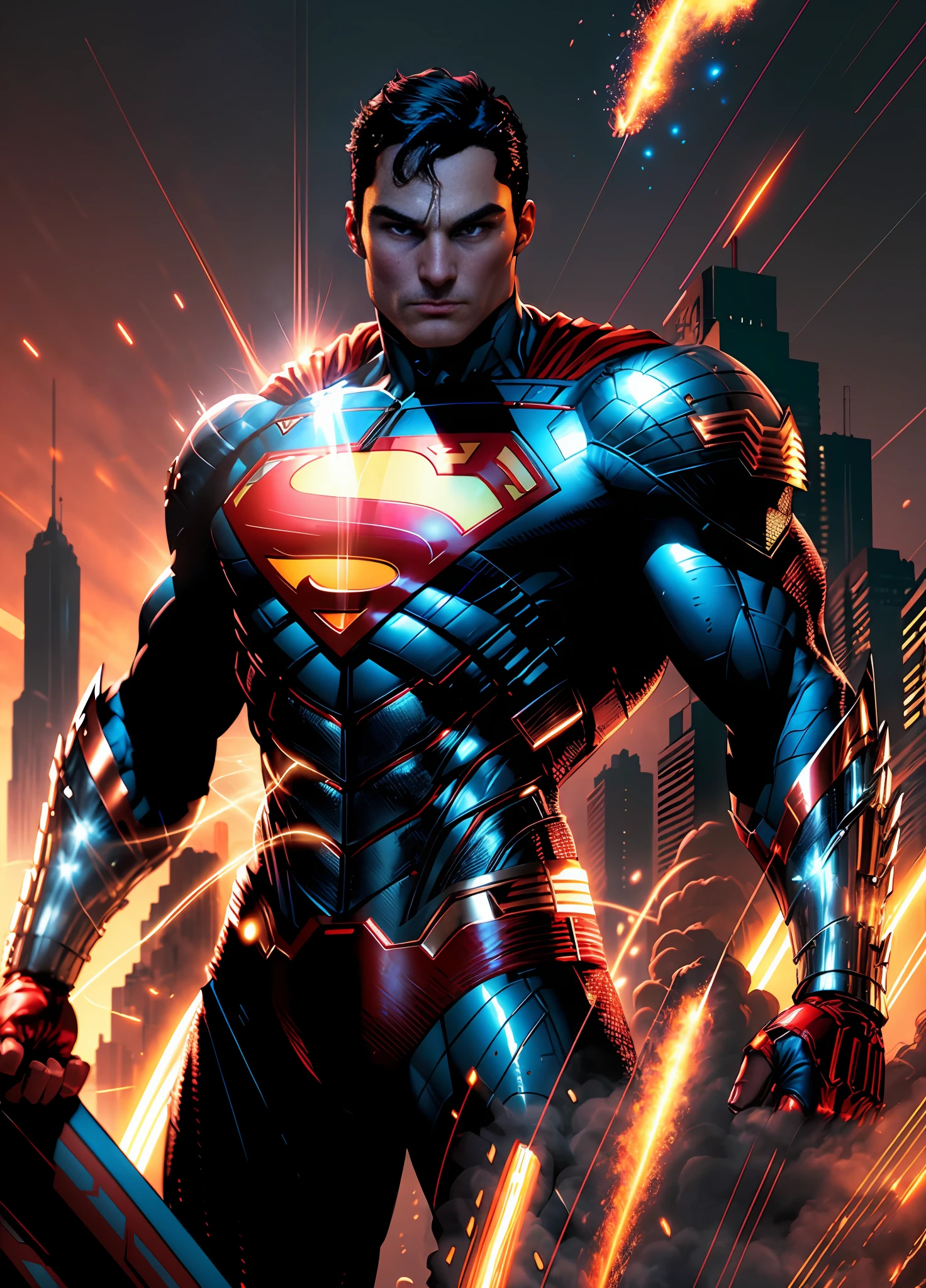 (extremely detailed CG unity 8k wallpaper, masterpiece, best quality, ultra-detailed), (best illumination, best shadow, an extremely delicate and beautiful), floating,

[(((1man))), (Cyborg:1.2+Superman:1.3), red eyes, metallic muscles, glowing blue lines, detailed metallic armor, heroic pose):0.8],

[(futuristic cityscape, night time, glowing neon lights:1.2, smoke, sparks, metal shavings, flying debris, blue energy effects, Volumetric light):0.5]