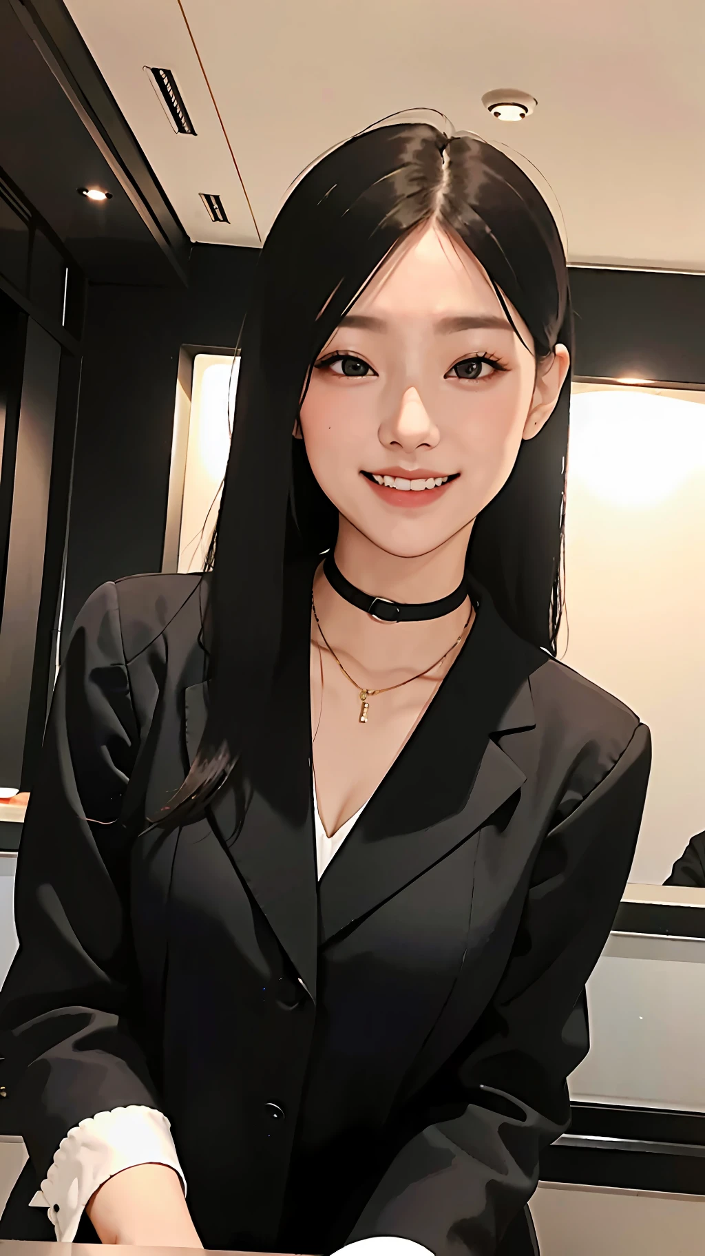 The girl in a black suit smiled at the front desk of the hotel and had medium breasts