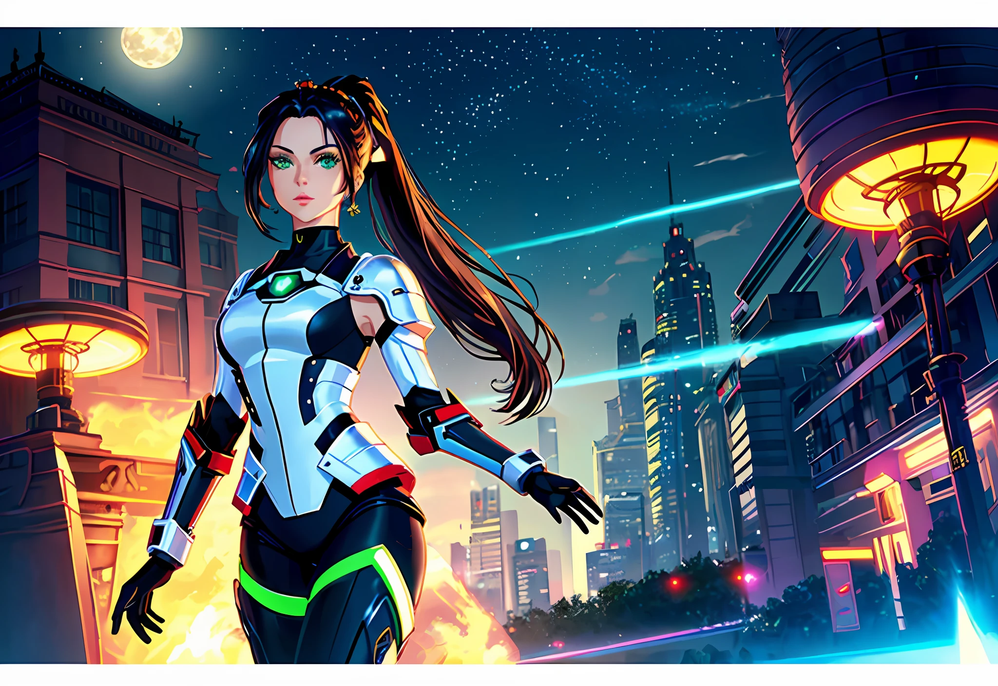 (masterpiece, best quality, finely detailed gorgeous eyes and detailed face, cinematic lighting, extremely detailed 8k CG unit wallpaper, depth of field), cyber future, solo, 1 woman, she is a mercenary, green eyes, white skin, black hair with ponytail, choker, small breasts, makeup, in a futuristic city, holding a katana with a strong grip, night, sky, moon, wearing mecha armor, mecha legs, mecha gloves, showing whole body (Long Angle Shot)