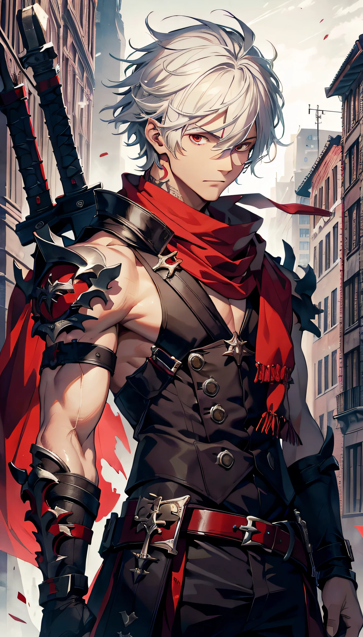 (absurdres, highres, ultra detailed), masterpiece, best quality, solo, a boy with white hair, ((red sleeveless outfit)), black scarf, carry two swords, tattoo, from below, look down, ruined city, dark background, swirl, spark, cg style