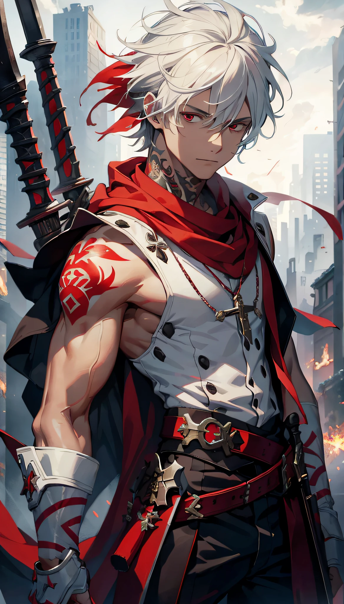 (absurdres, highres, ultra detailed), masterpiece, best quality, solo, a boy with white hair, ((red sleeveless outfit)), black scarf, carry two swords, tattoo, from below, look down, ruined city, dark background, swirl, spark, cg style