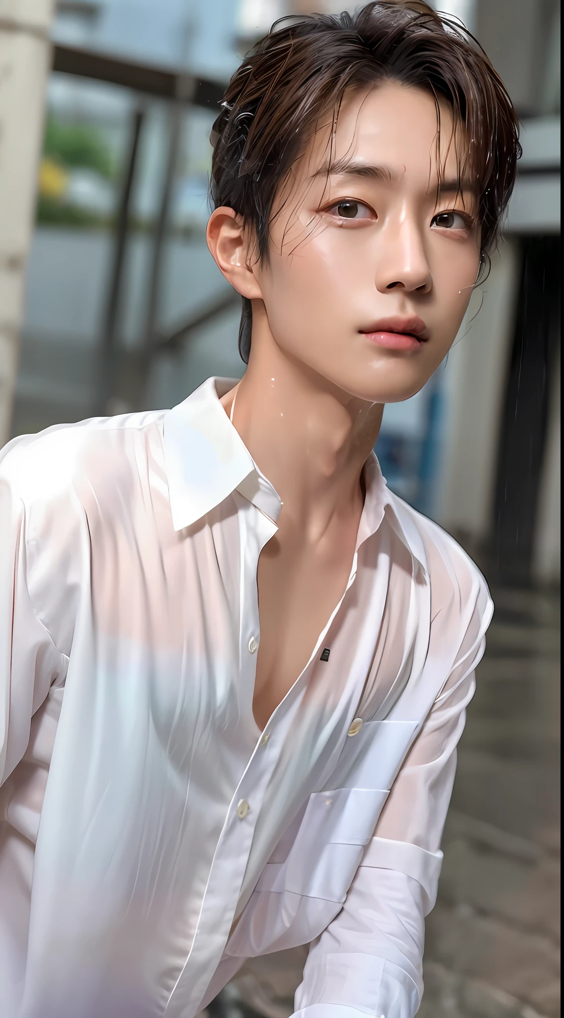 ((Best quality, 8k, Masterpiece: 1.3)), Sharp focus: 1.2, A handsome man with perfect body: 1.4, abs, (Small and beautiful hard nipple) (Thin and damp button up to shirt length: 1.1), (White shirt wet by rain), (Rain, Street: 1.2), Wet body: 1.1, Highly detailed face and skin texture, Detailed eyes, Double eyelid, tanned skin, sexy, tan