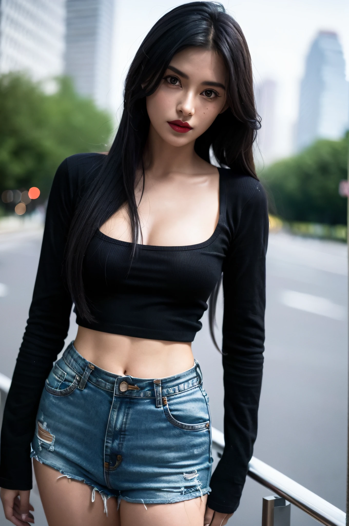 1 girl,(1 18-year-old girl),(realistic:1.7),((best quality)),absurdres,(ultra high res),(photorealistic:1.6),photorealistic,octane render,(hyperrealistic:1.2), (photorealistic face:1.2), (8k), (4k), (Masterpiece),(realistic skin texture), (illustration, cinematic lighting,wallpaper),( beautiful eyes:1.2),((((perfect face)))),(cute),(standing),(black hair),(long hair),black eyes,(black t-shirt),(denim shorts),(red lips:1.1),(outdoors),(cityscape),
