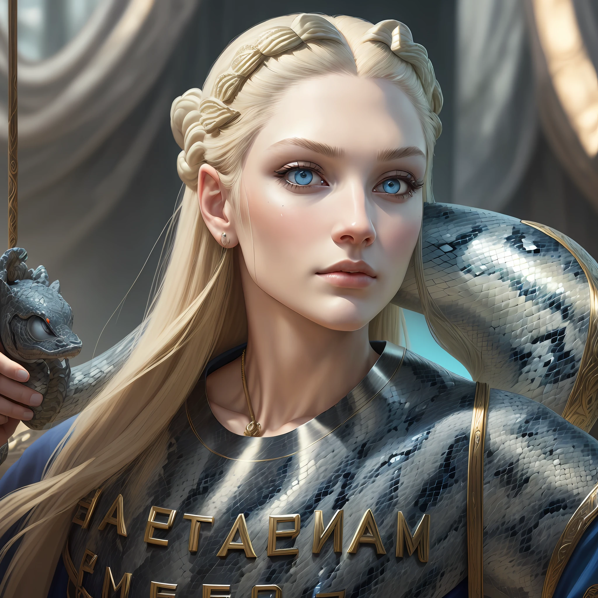 ((best quality)), ((masterpiece)), ((realistic)), beautiful Medusa (female face and upper body, snake tail), blonde hair, shoulder-length hair, blue eyes, metal carved top, art trend, clear focus, studio photo, intricate details, very detailed, detailed eye, illustration, very detailed, clear focus, digital rendering, professional, 4k