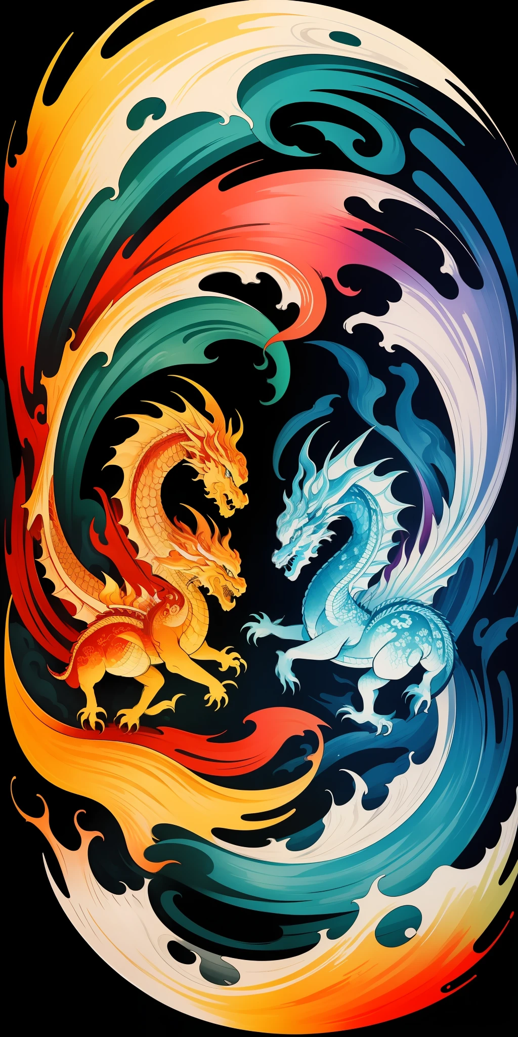 (masterpiece, best quality: 1.2), shukizuma, negative space, shuimobysim, ink painting, colorful colors, traditional Chinese, dragon wrestling sea waves, (smile), looking at the viewer, color saturation, bright colors, neon