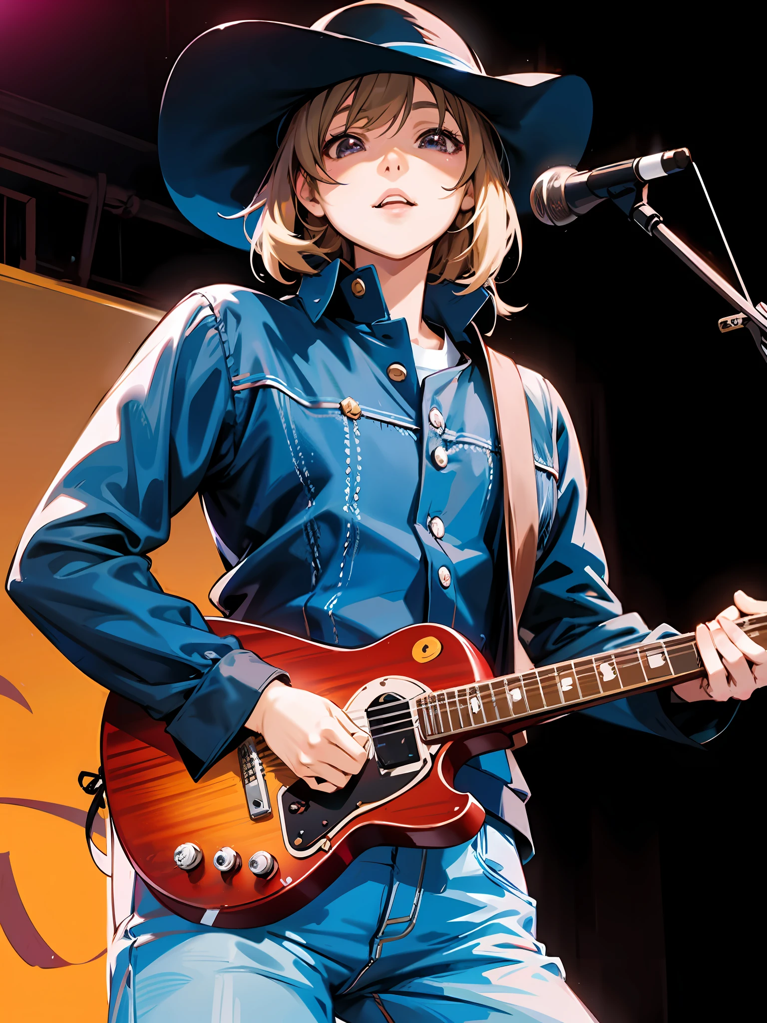 there is a woman that is playing a guitar on stage, leiji matsumoto, anime portrait of shiina ringo, rin, intricate anime girl k-on kyoani, yukii morita, by Oka Yasutomo, playing guitar onstage, okita sougo, marisa kirisame, by Shinoda Toko, cowgirl, zerochan, aya takano color style