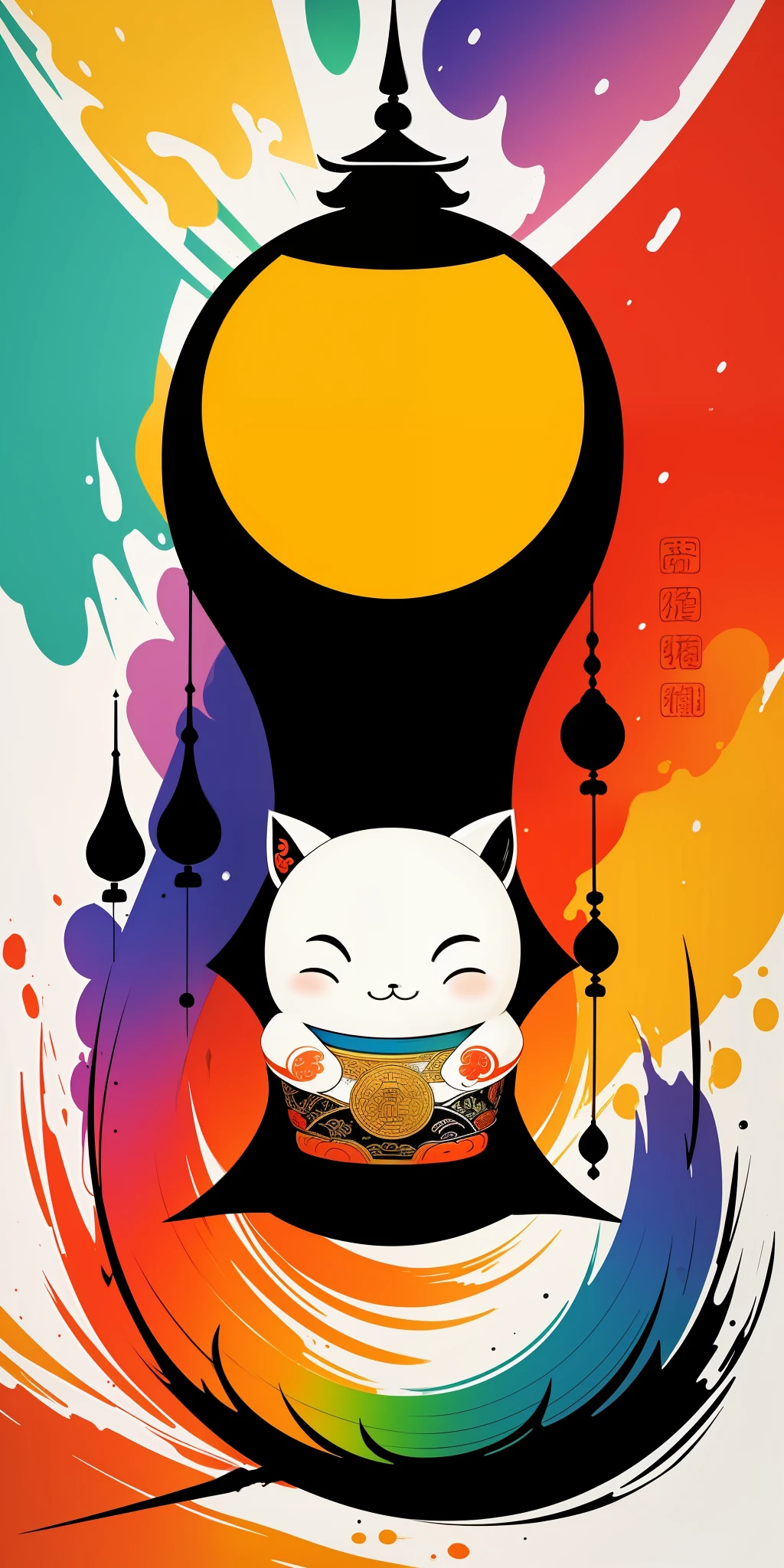 (masterpiece, best quality: 1.2), shukizuma, negative space, shuimobysim, ink painting, colorful traditional Chinese colors, Chinese motifs, (smile), looking at the viewer, color saturation, bright colors, neon