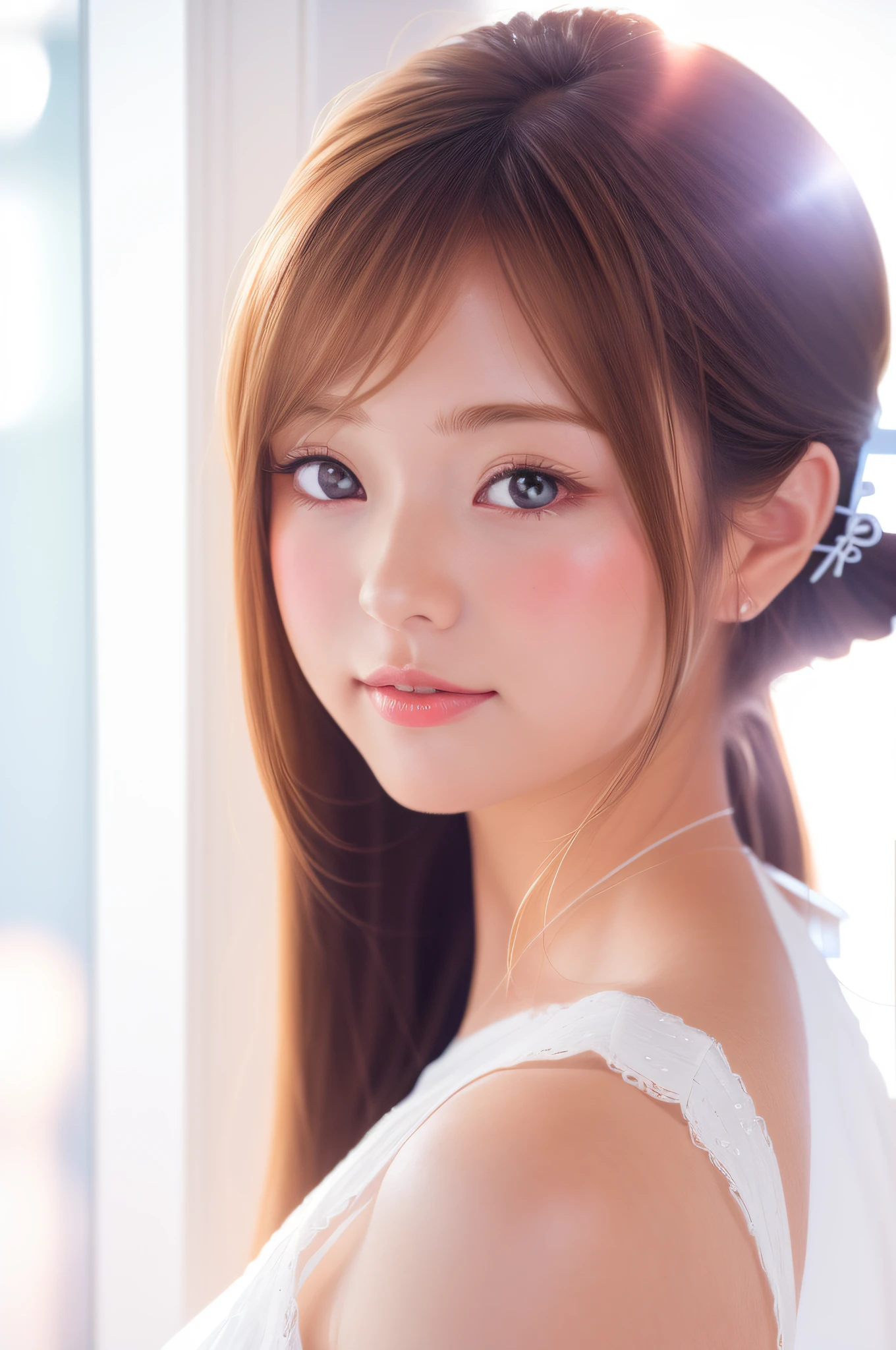 there is a woman with a very long hair and a white dress, photorealistic anime girl render, smooth anime cg art, 3 d anime realistic, kawaii realistic portrait, beautiful japanese girls face, realistic anime 3 d style, realistic young anime girl, beautiful digital artwork, photorealistic anime, detailed portrait of anime girl, adorable digital painting
