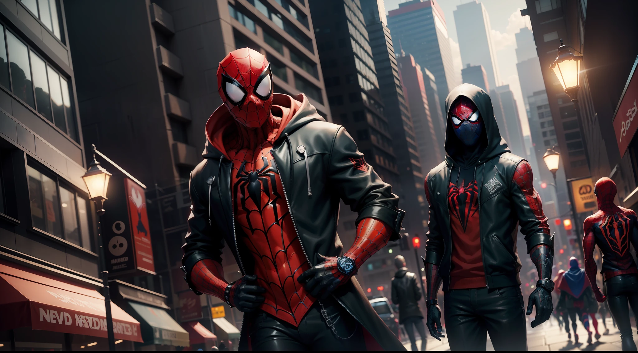 necromancer spider man - spider - man and spider - man in a city, spider - verse art style, into the spiderverse, spiderverse, into the spider verse, futuristic style spiderman, miles morales!!!, 3840 x 2160, 3840x2160, miles morales, hq 4k wallpaper, rendered in sfm, super detailed render