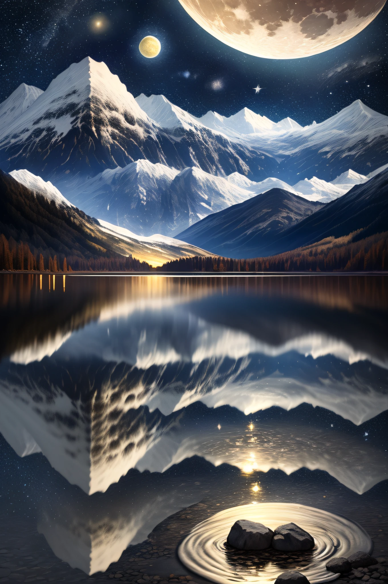 (Very starry night, huge moon behind the mountains), (Still lake reflecting the night), (Realistic scene detail, photorealism, 8K quality), (Perfect work, best quality)