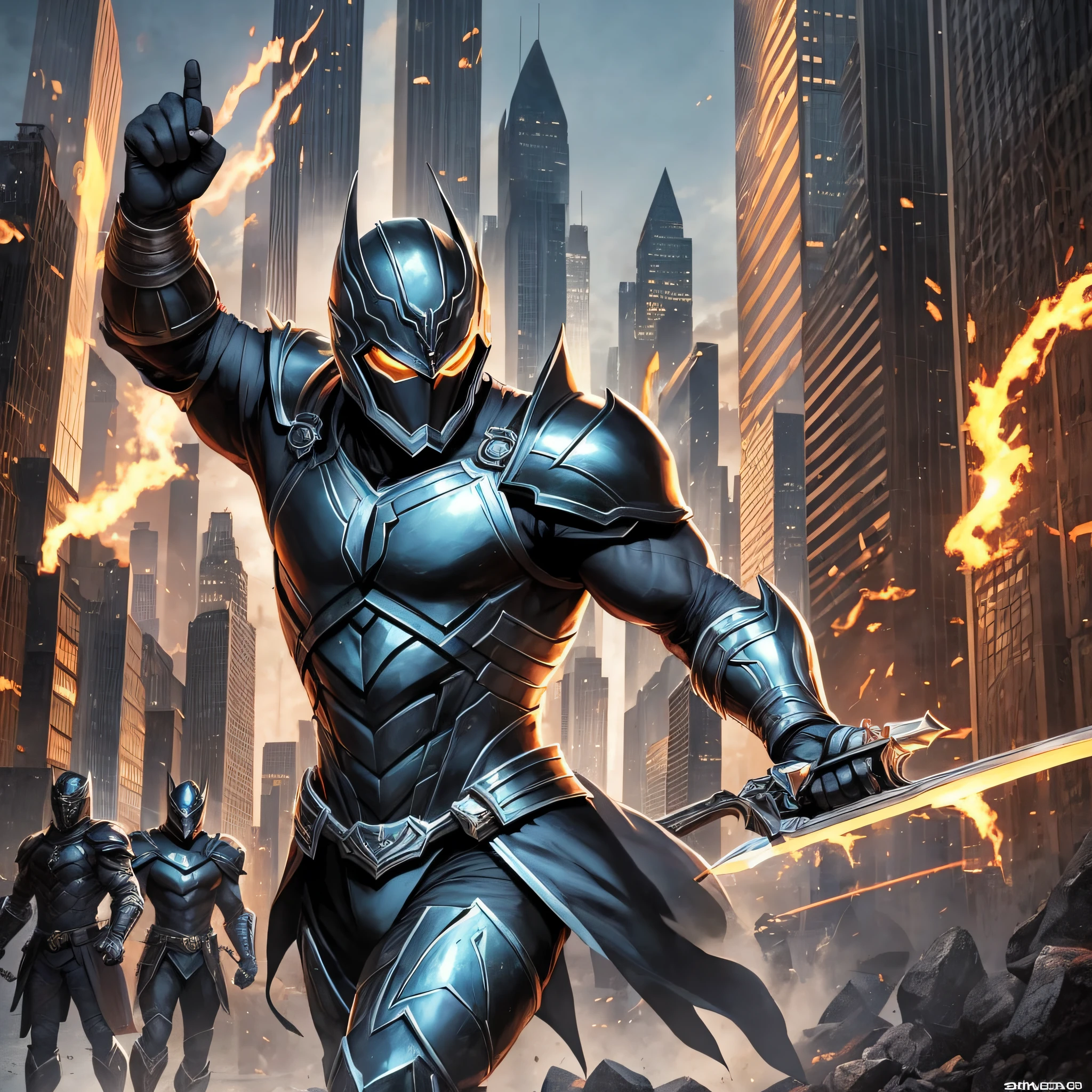 Describe the hero in detail who wears black armor in your comic book. Think about their physique, facial features, and the design of the armor. The black armor should convey a sense of strength, power, and mystery. Be sure to include unique elements such as emblems, patterns, or special accessories that define the hero's identity and personality. Imagine the hero's pose and the environment around them to create a striking and action-packed scene. Let your imagination run wild and be as descriptive as possible --auto --s2