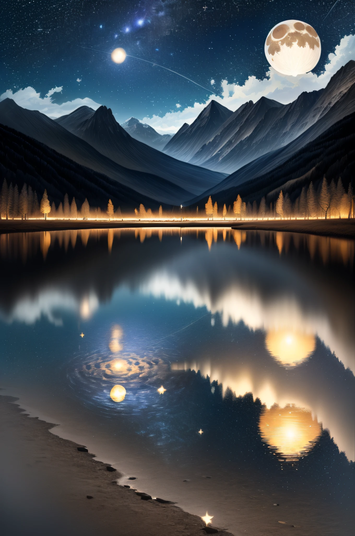 (Very starry night, huge moon behind the mountains), (Still lake reflecting the night), (Realistic scene detail, photorealism, 8K quality), (Perfect work, best quality)