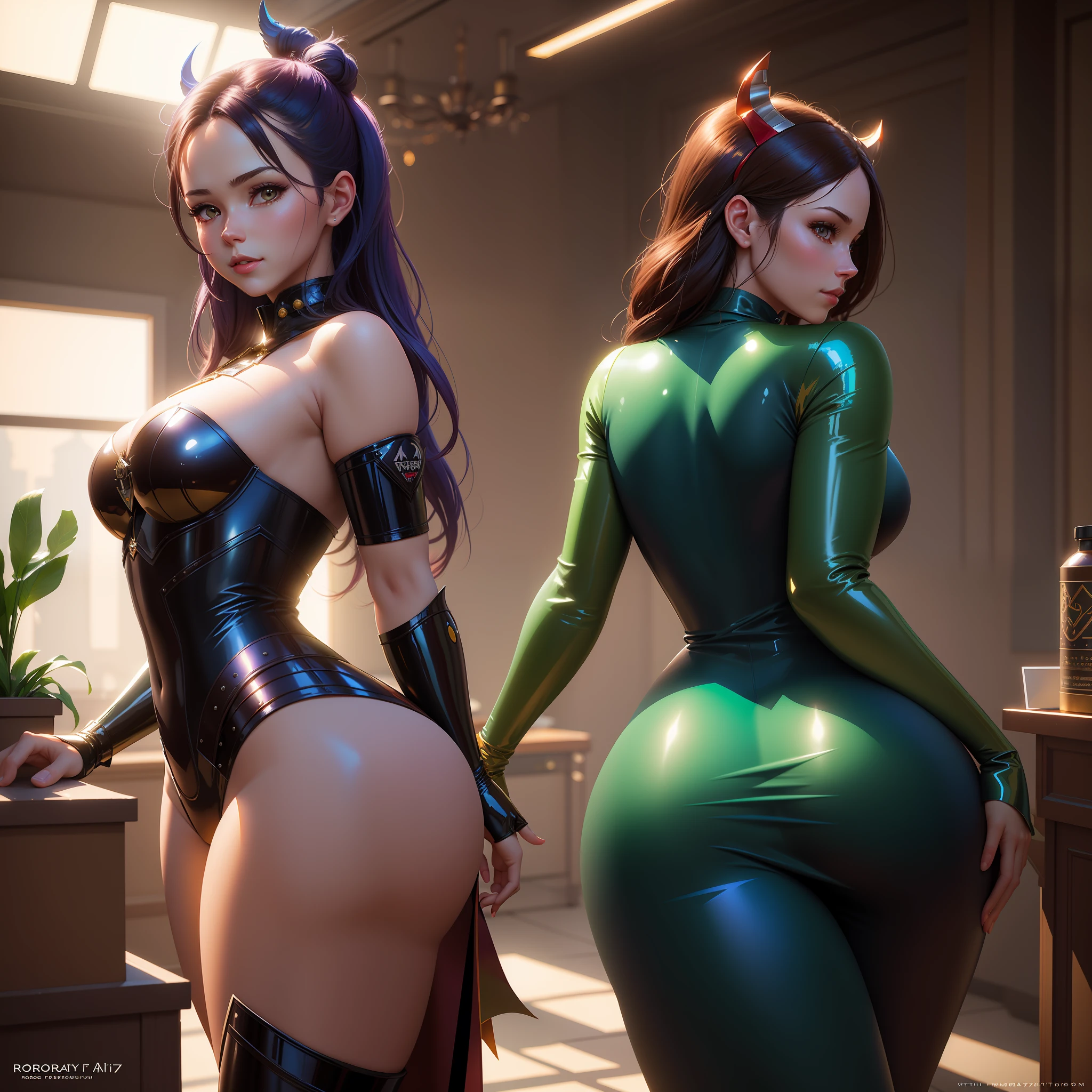 two women in latex costumes posing for a photo in a room, wlop and artgerm, deviantart artstation cgscosiety, wlop and ross tran, wlop and sakimichan, jazza and rossdraws, artgerm and wlop, ruan jia and artgerm, range murata and artgerm