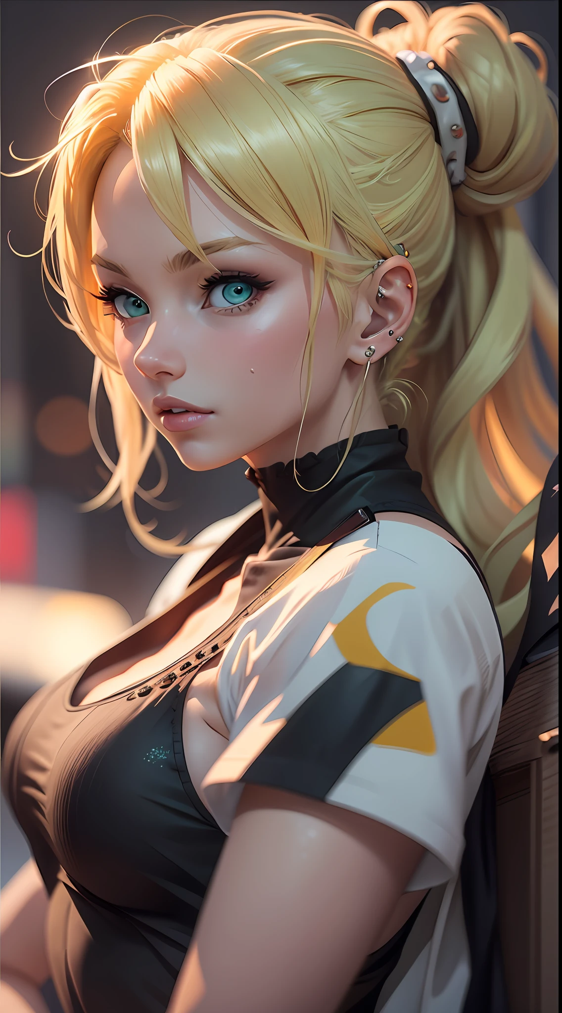 Sexy girl, blonde hair, hair clip, earrings, green eyes, sexy look, hair bun, motion lines, anime, UHD, 16k, super detail, best quality
