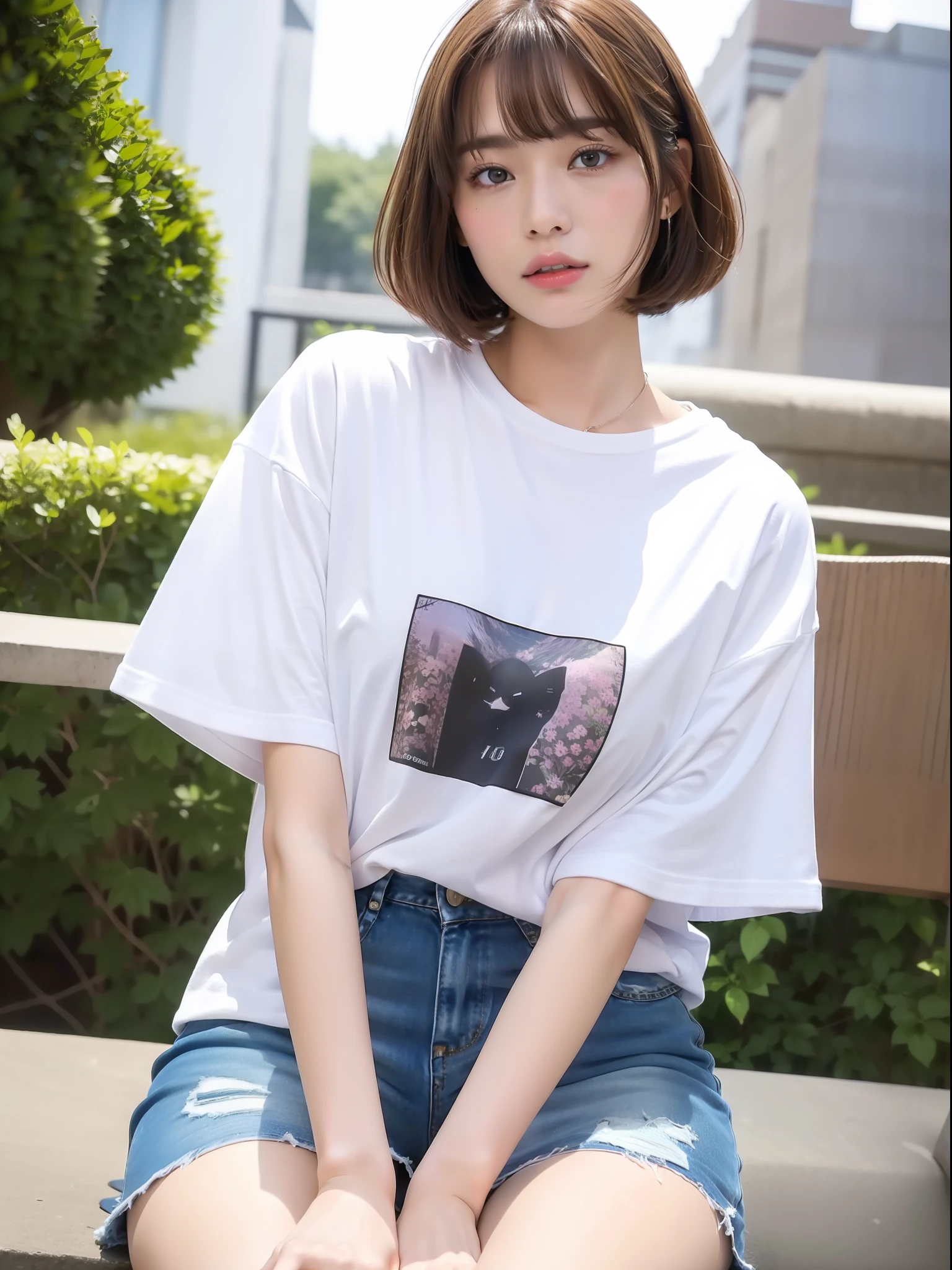 High quality fashion photography, (8k: 1.27), (top quality, masterpiece, super high resolution: 1.2), Instagram photos, street snaps, (1 girl:1.8), solo, (sitting on a chair: 1.6), Suzu Hirose, Japan actress, high school student, cute Japan woman photo (beautiful: 1.1), Urzan, very detailed face and skin texture, delicate eyes, double eyelids, whitening skin, short hair, short hair, (blonde: 1.5), big breasts, thighs, skirt, (wearing a thick plain T-shirt: 2), (large T-shirt: 2), T-shirt, oversized T-shirt, photo T-shirt, heavyweight T-shirt, Japan streetwear, wearing an oversized T-shirt,