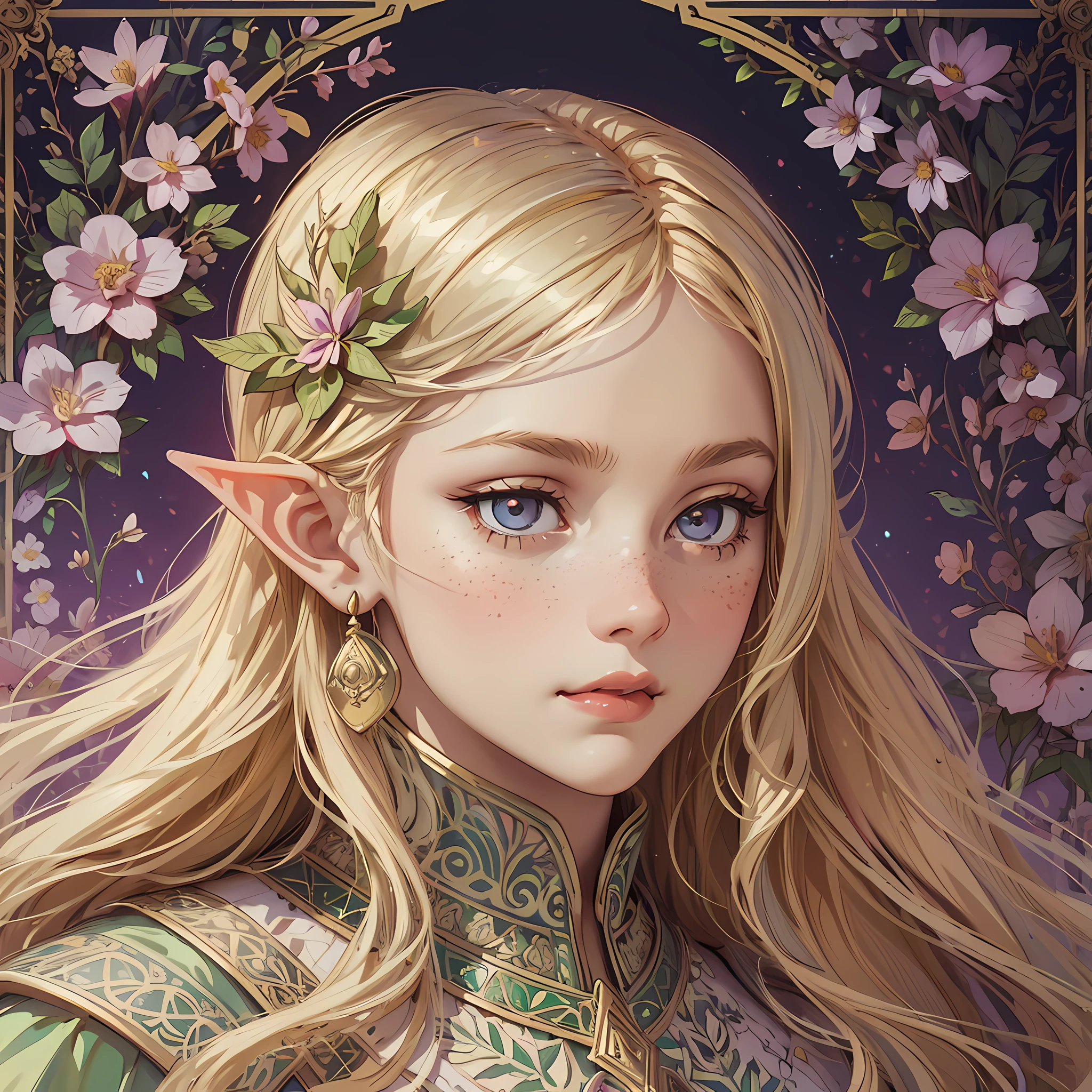 Portrait Rpg, Floral Frame, Close-up, Vector Art, Race: Elf, Gender: Female, Age: 30 years, Eyes: Light violet; Skin color: Light skin, Hair: Long blonde, Physique: thin complexion, Facial features: freckled, Expression: Cozy look, Equipment: elf queen dress, Background: simple framed portrait by Alphonse Mucha (Masterpiece, best quality, high: 1.4), detailed, intricate details, 4K, splashes of color, line art, fibonacci, --auto --s2