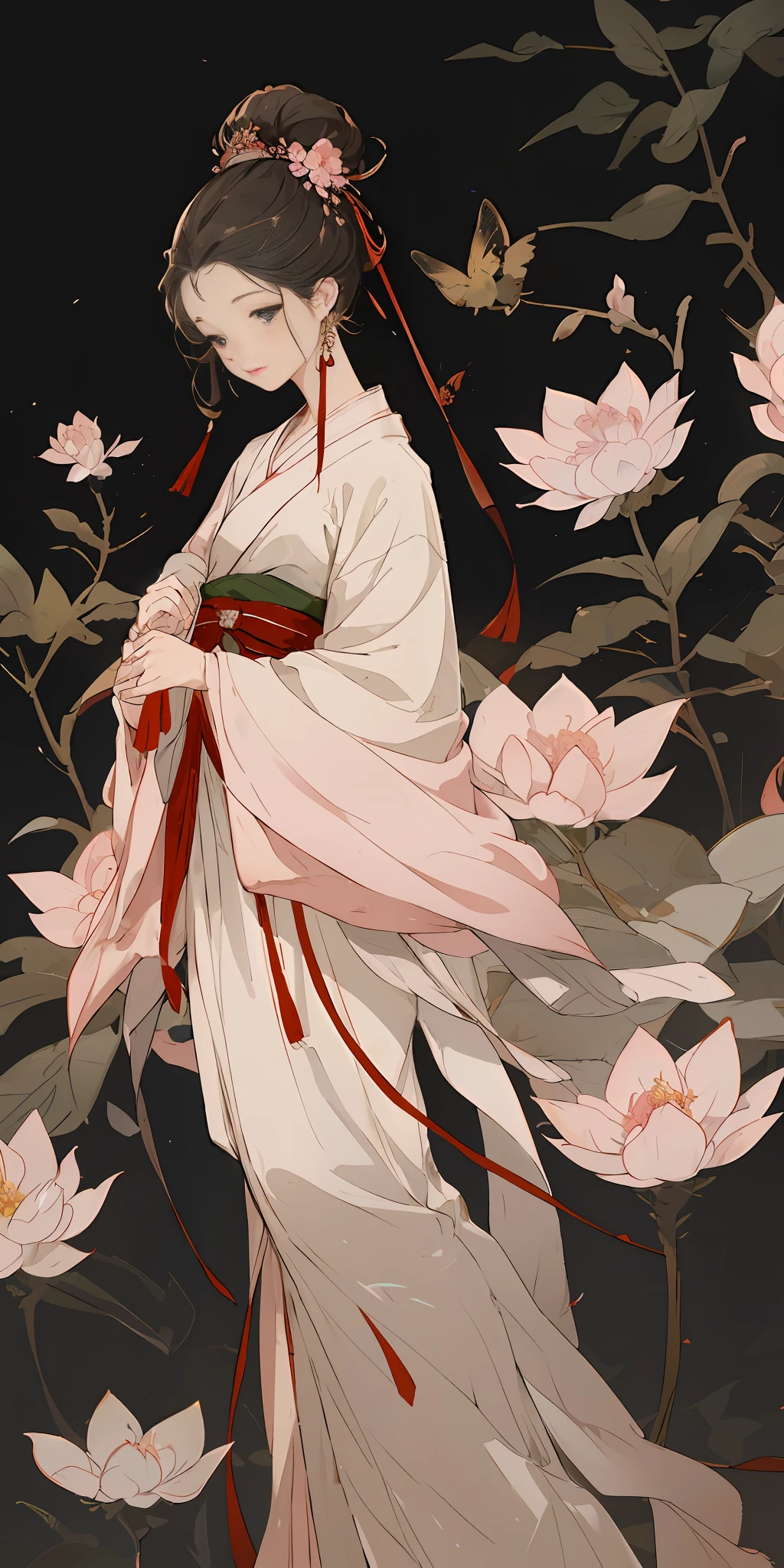 ((Masterpiece)),((Best Quality)),8K, High Detailed, Ultra-Detailed, a beautiful scenery with peach blossoms in full bloom, and in the center of it stands a stunning ((Hanfu)) clad girl. Her dress is a light pink color with delicate floral patterns, and her hair is styled in an intricate updo with strands of hair falling down in soft curls. Her face is serene and gentle, and her eyes gaze off into the distance as she holds a small bouquet of peach blossoms in her hand. The attention to detail is remarkable, with each individual petal of the blossoms and every fold of her dress expertly crafted, resulting in a breathtaking work of art that captures the beauty and grace of traditional Chinese culture.