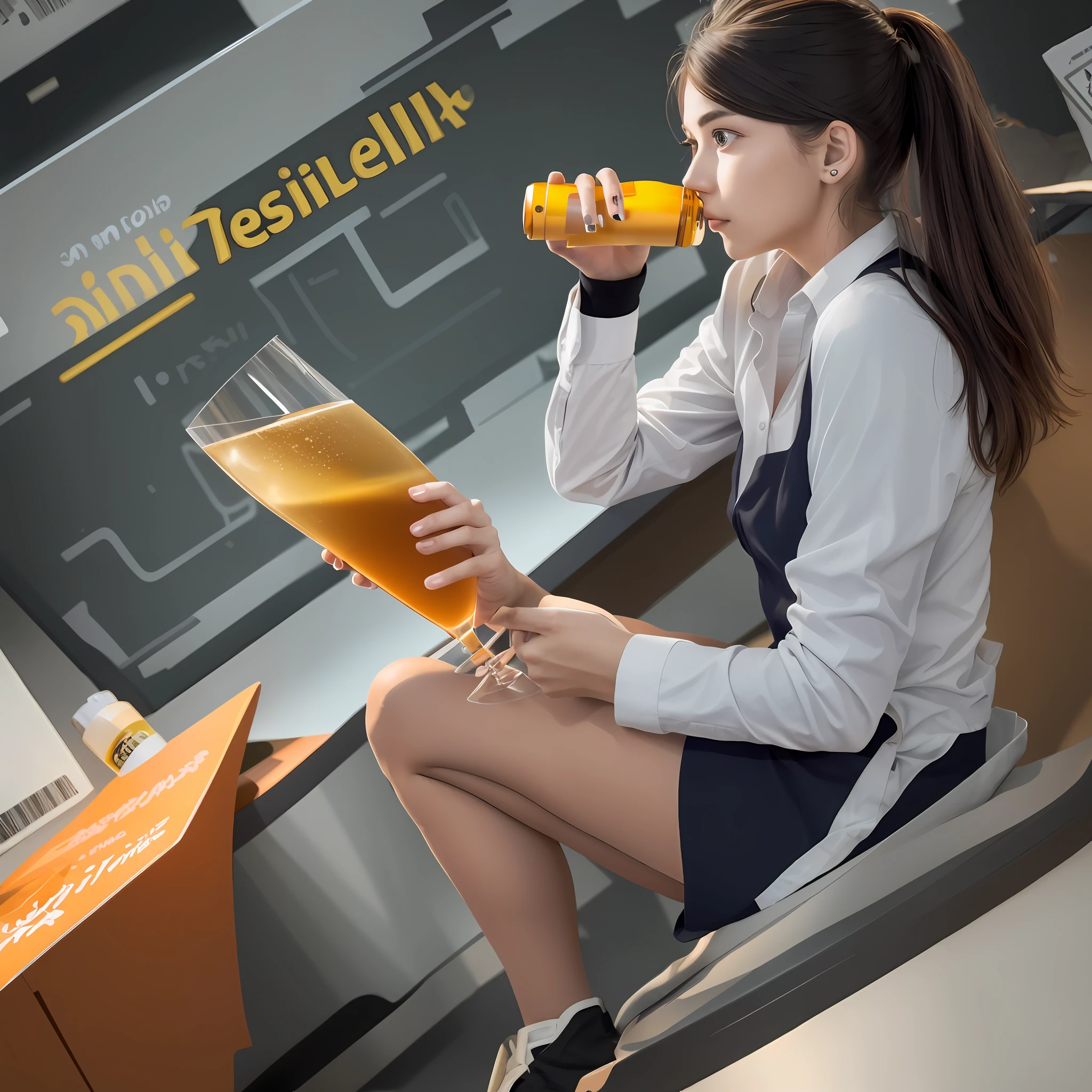 Young woman tax officer drinking orange wine inside the tax office Illustration Details Precision Beautiful