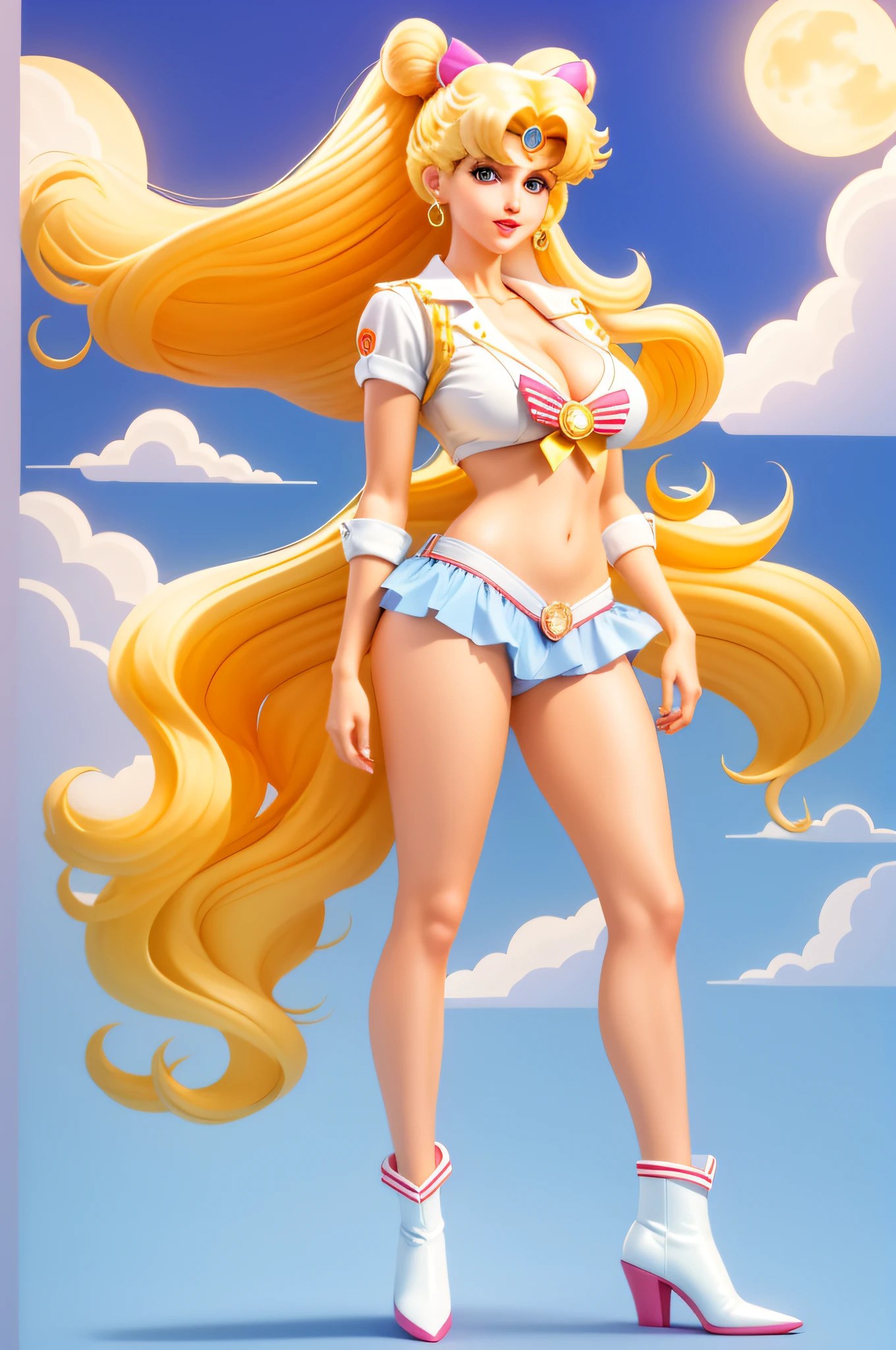 cowboy shot, Sailor Moon, 1980s \(style\), 1girl, long blonde hair, retro artstyle, long wavy hair, solo, Sailor Moon outfit, unbutton_shirt, (naked_breasts:1.2), medium_breasts, cleavage, full body shot, model pose, shoes visible