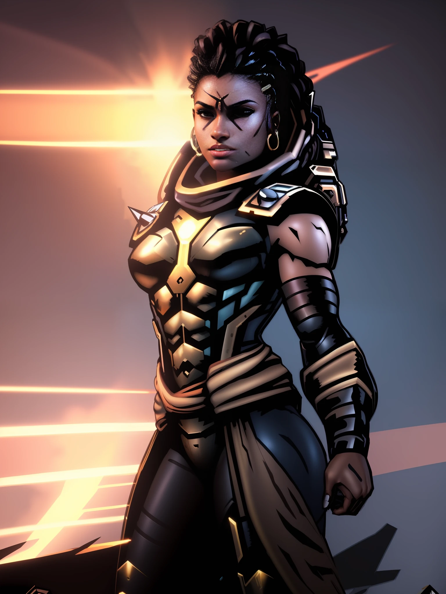 high quality shaded illustration, Comics style drawing, best quality, high resolution, 8k wallpaper, extremely detailed, ((a beautiful 25-year-old black woman, black skin, athletic body, showing belly, beautiful face, symmetrical eyes, curly hair tied up)), (spaceship, sci-fi, view of the cockpit of a spaceship), serious look, showing teeth, dynamic pose, cinematic lighting, dramatic lighting, artstation, digital painting, sharp focus, golden aspect ratio, well drawn, comic book style, colored line drawing