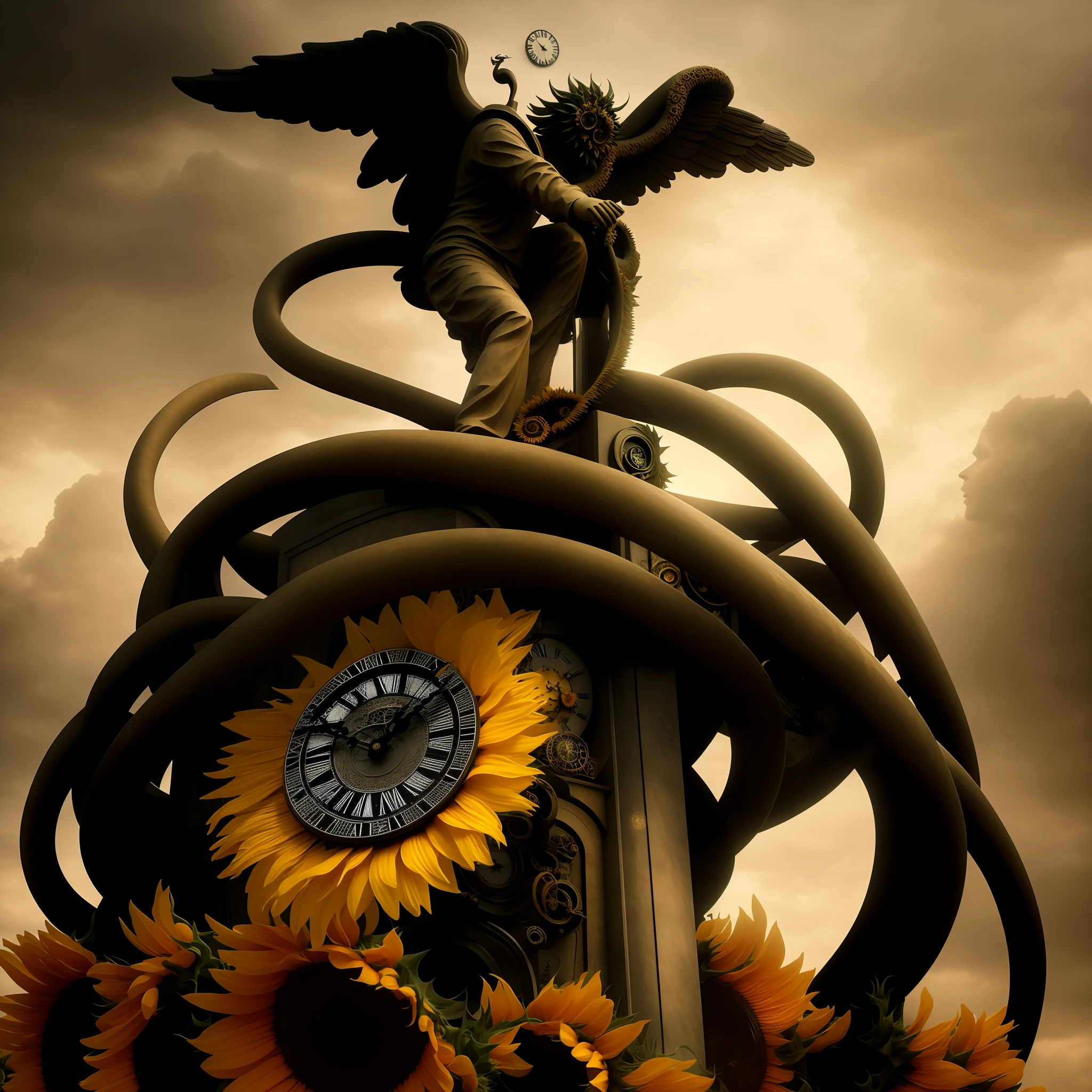 there is a statue of an angel on top of a clock surrounded by sunflowers, gorgon, lovecraftian background, surreal black and yellow, lovecraftian inspiration, apocalyptic art, surreal scene, surrealistic digital artwork, art nouveau octane render, surreal and fantasy art, dark surreal art, dramatic artwork, surreal dark art, sundial, lovecraftian atmosphere --auto --s2