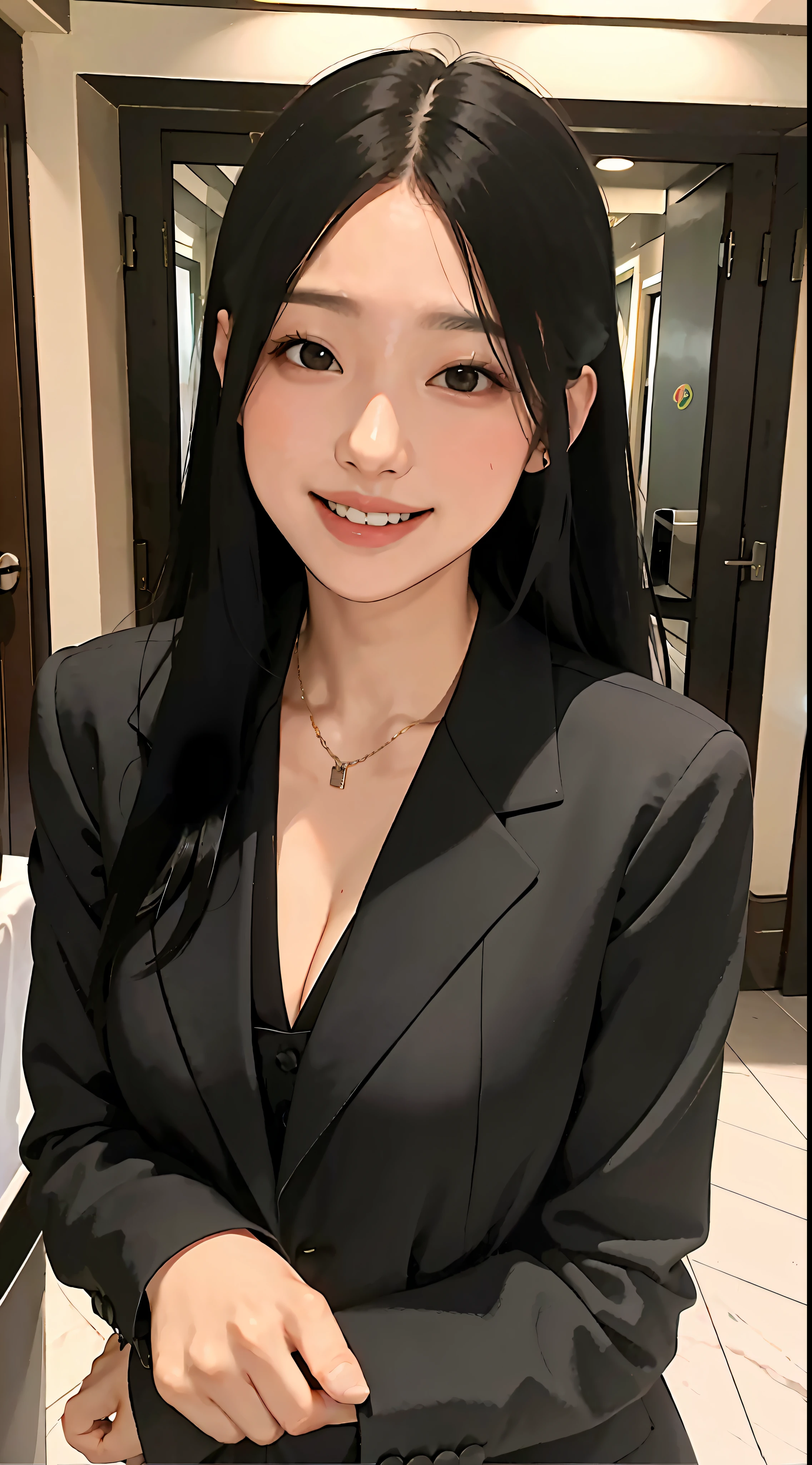 Girl in black suit smiling at hotel with medium breasts