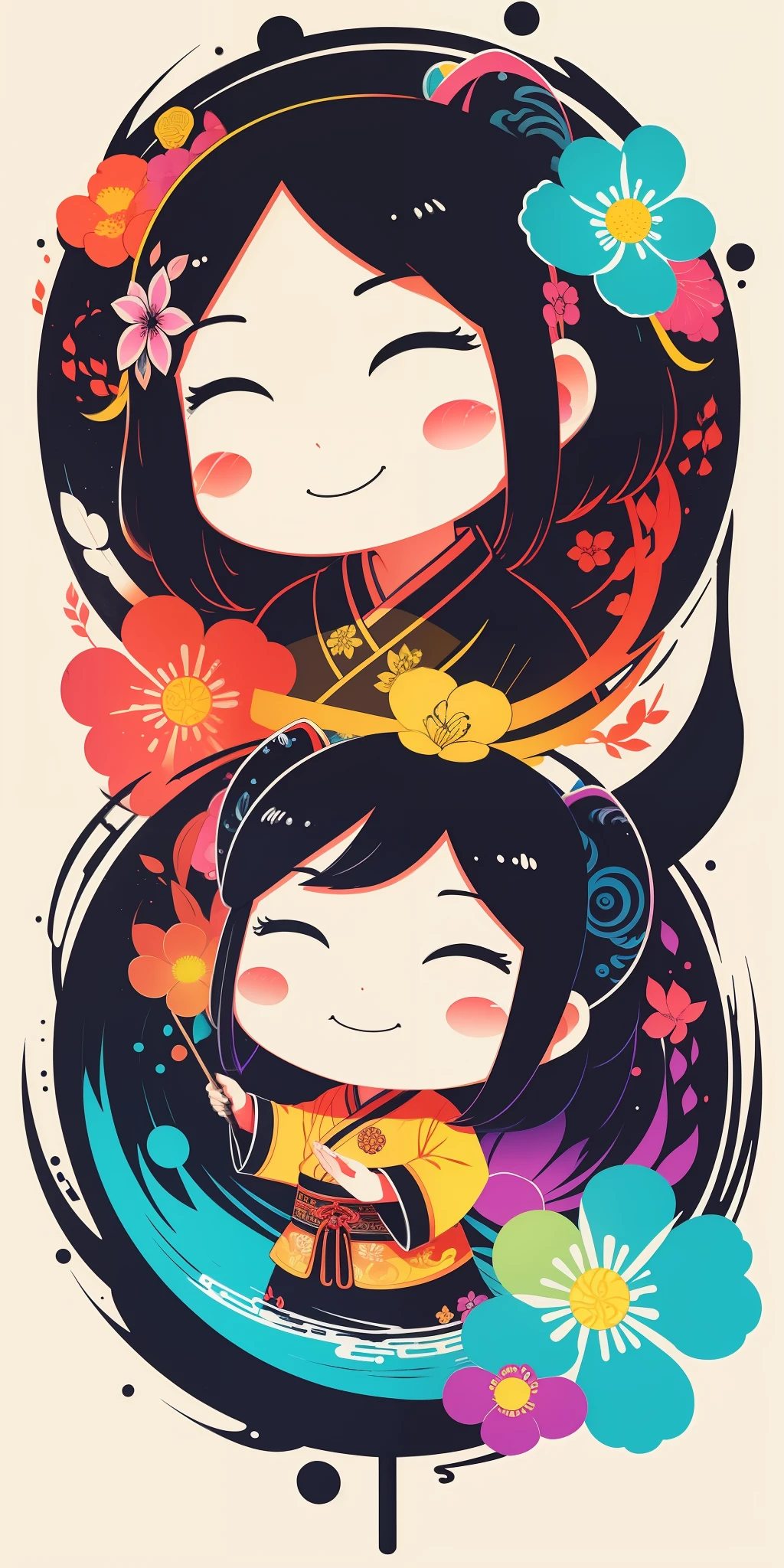(masterpiece, best quality: 1.2), shukizuma, negative space, shuimobysim, ink painting, colorful colors, traditional Chinese, decoration, (smile), looking at the viewer, saturation, bright colors, neon