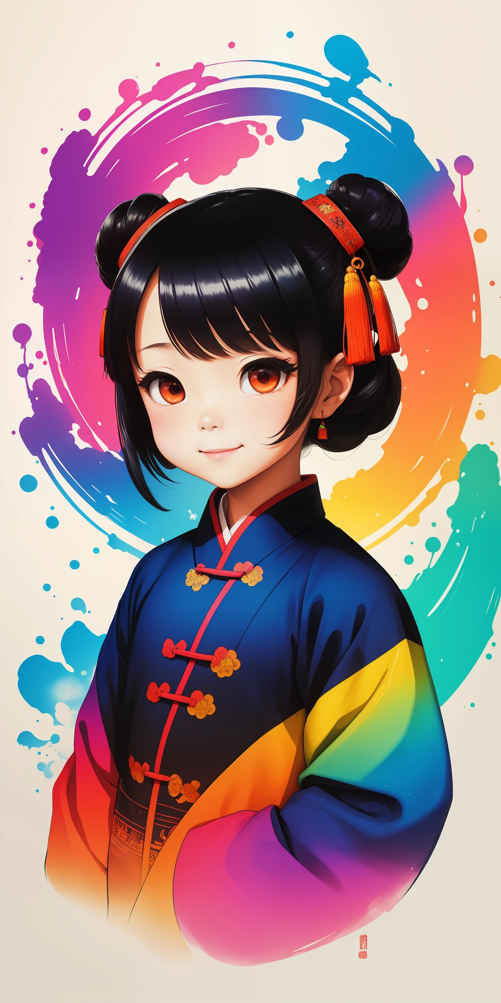 (masterpiece, best quality: 1.2), shukizuma, negative space, shuimobysim, ink painting, colorful colors, traditional Chinese, decoration, (smile), looking at the viewer, saturation, bright colors, neon
