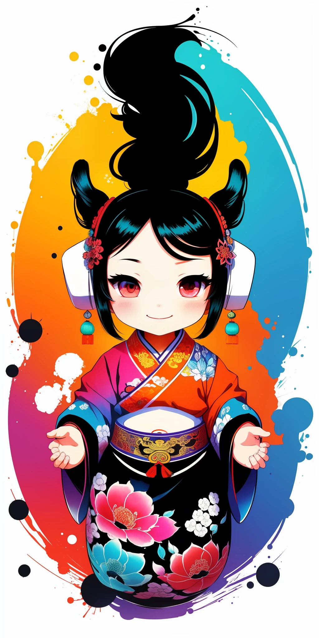 (masterpiece, best quality: 1.2), shukizuma, negative space, shuimobysim, ink painting, colorful colors, traditional Chinese, decoration, (smile), looking at the viewer, saturation, bright colors, neon