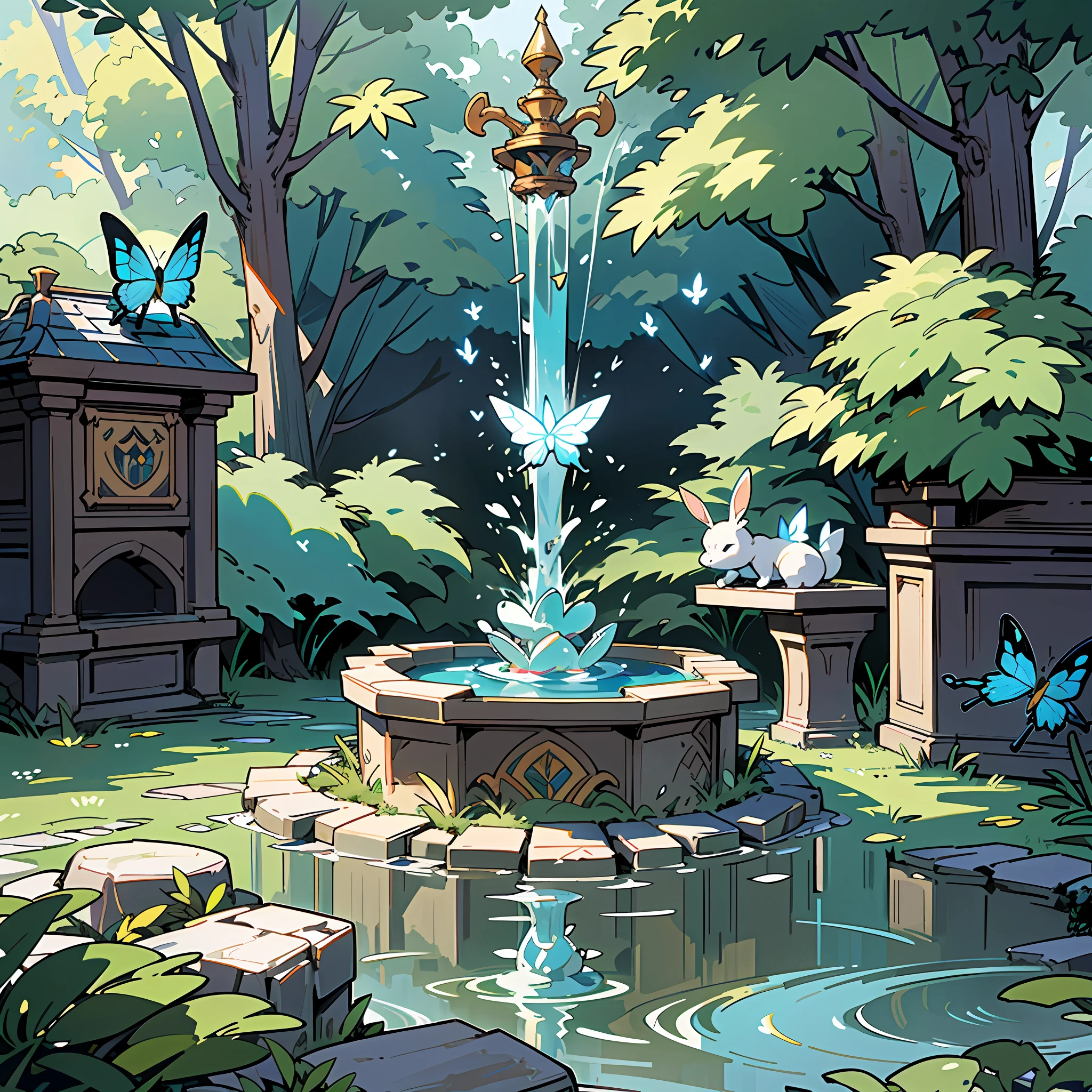 Small scene, floor, three-point perspective, picture limited to hexagonal border, fountain square, butterfly, rabbit, leaves, small animals playing, blue and white, solid background, medieval style, other world, magic elements, floating potion bottle, HD, masterpiece, super detail, (best quality, high resolution), super high pixel, super clear, 32K