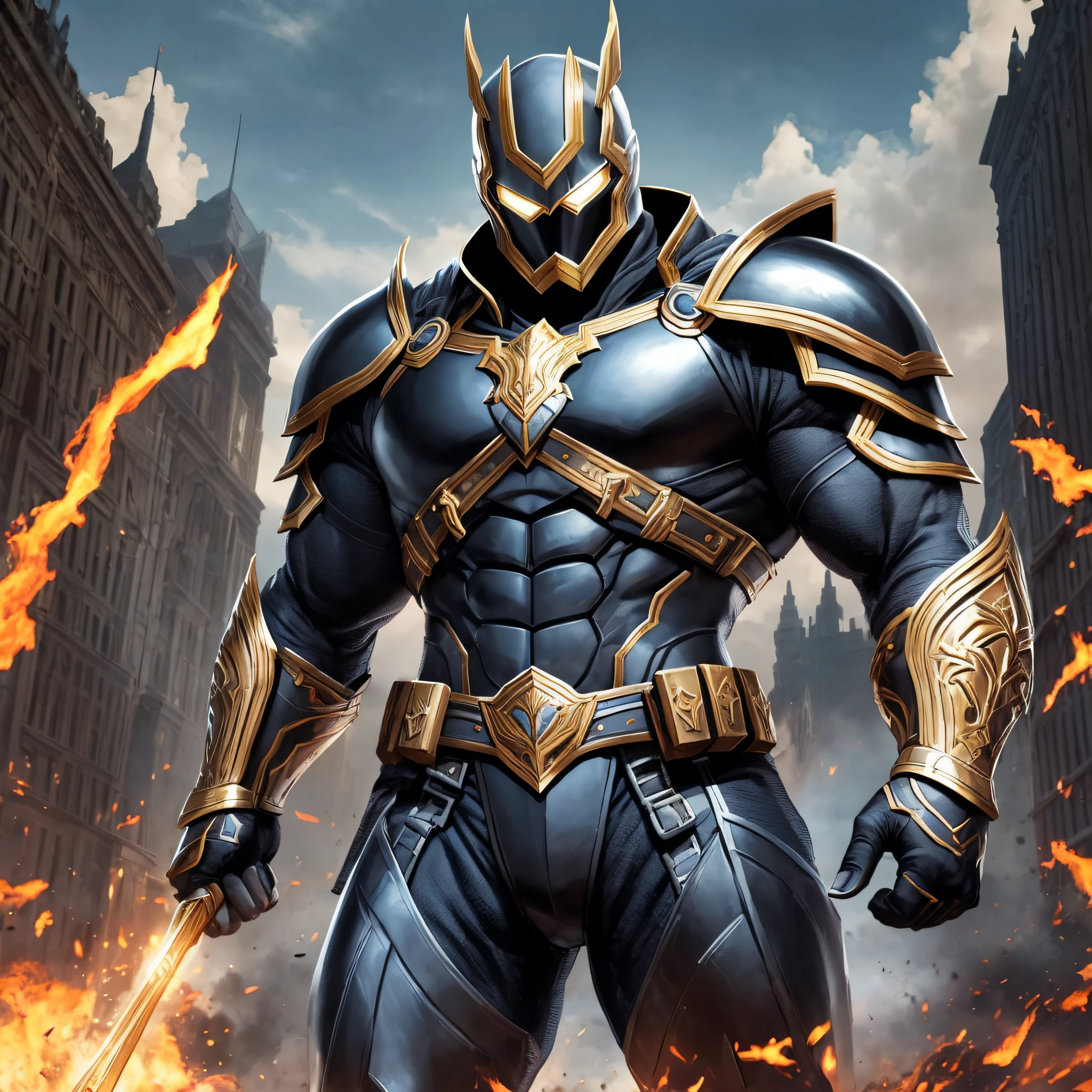 Describe the hero in detail who wears black armor in your comic book. Think about their physique, facial features, and the design of the armor. The black armor should convey a sense of strength, power, and mystery. Be sure to include unique elements such as emblems, patterns, or special accessories that define the hero's identity and personality. Imagine the hero's pose and the environment around them to create a striking and action-packed scene. Let your imagination run wild and be as descriptive as possible --auto --s2