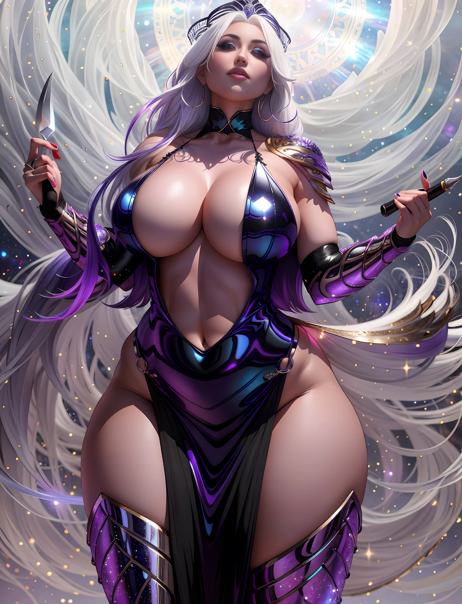 arafed woman in a black and purple outfit holding a knife, thicc, mighty plump female sorceress, goddess. extremely high detail, galactic sized goddess, extremely detailed goddess shot, wlop and rossdraws, cinematic goddess body shot, rossdraws 1. 0, wlop rossdraws, commission for high res, rossdraws 2. 5, white skin, no bra, white hair, cleavage, wide hip. thick thigh