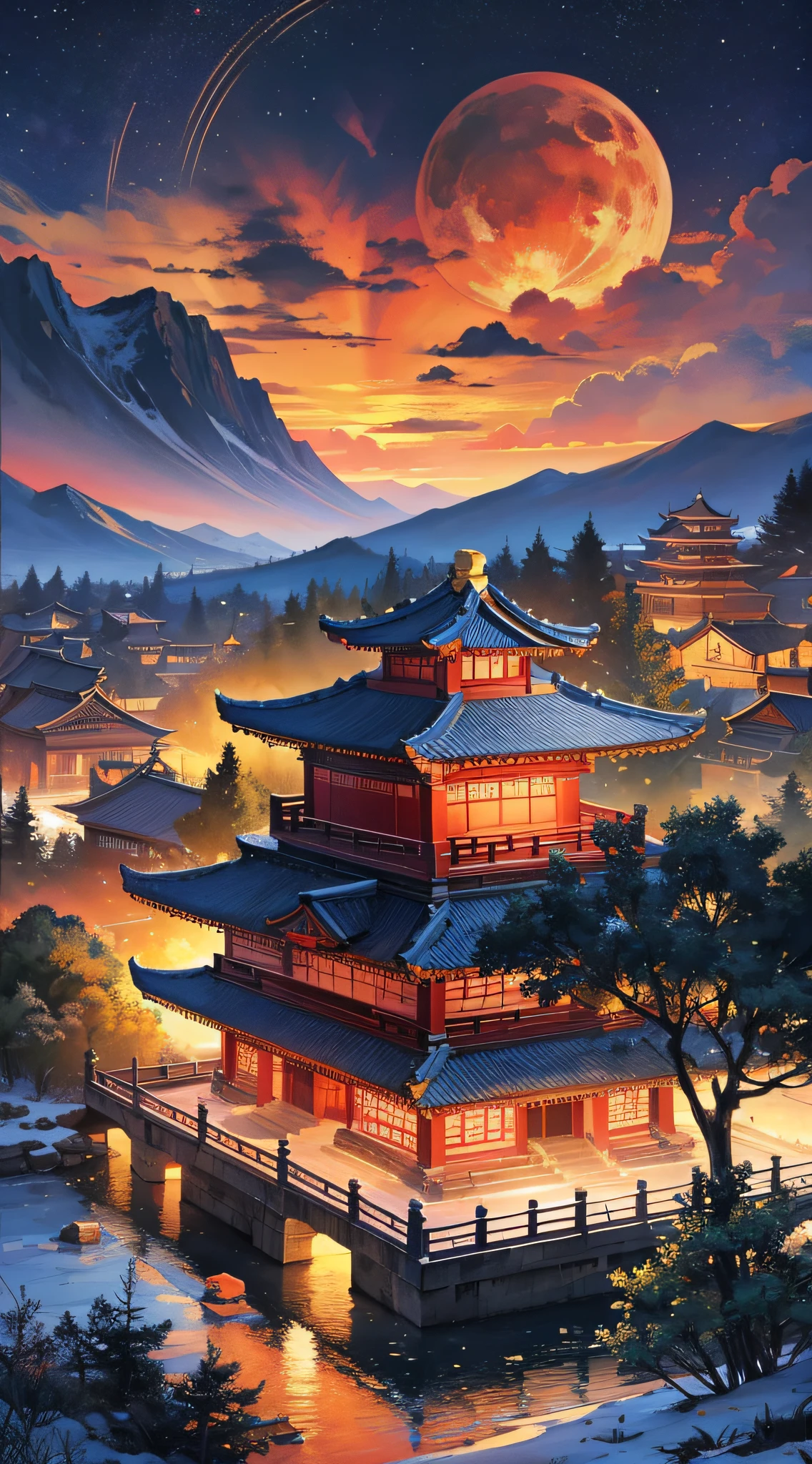 Night landscape, classical Chinese style, national style landscape, mountain night, ancient style landscape, masterpiece, HD picture quality, 8K --auto --s2