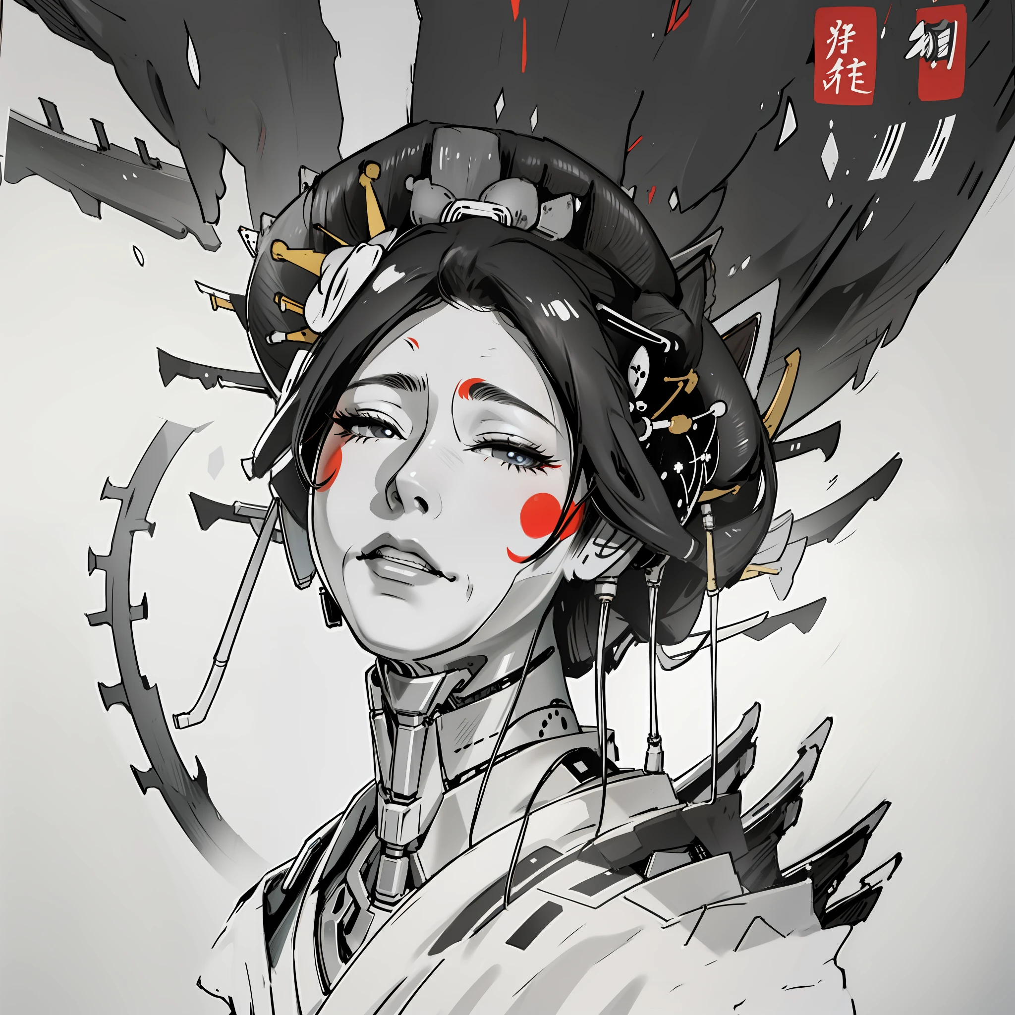 Closeup on face ,masterpiece, best quality, ultra-detailed,((geisha)) ,cybernetica,cybernetic parts,line art