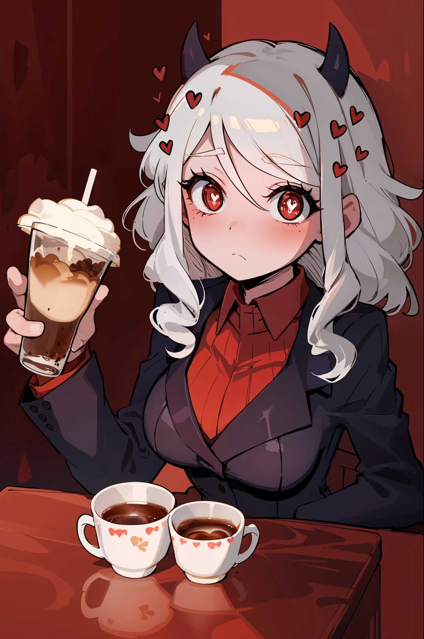 best quality, masterpiece, best shadow, shade, beautiful lighting, modeus with heart shapes and heart shaped pupils, coffee shop, night, colored lights , formal wear